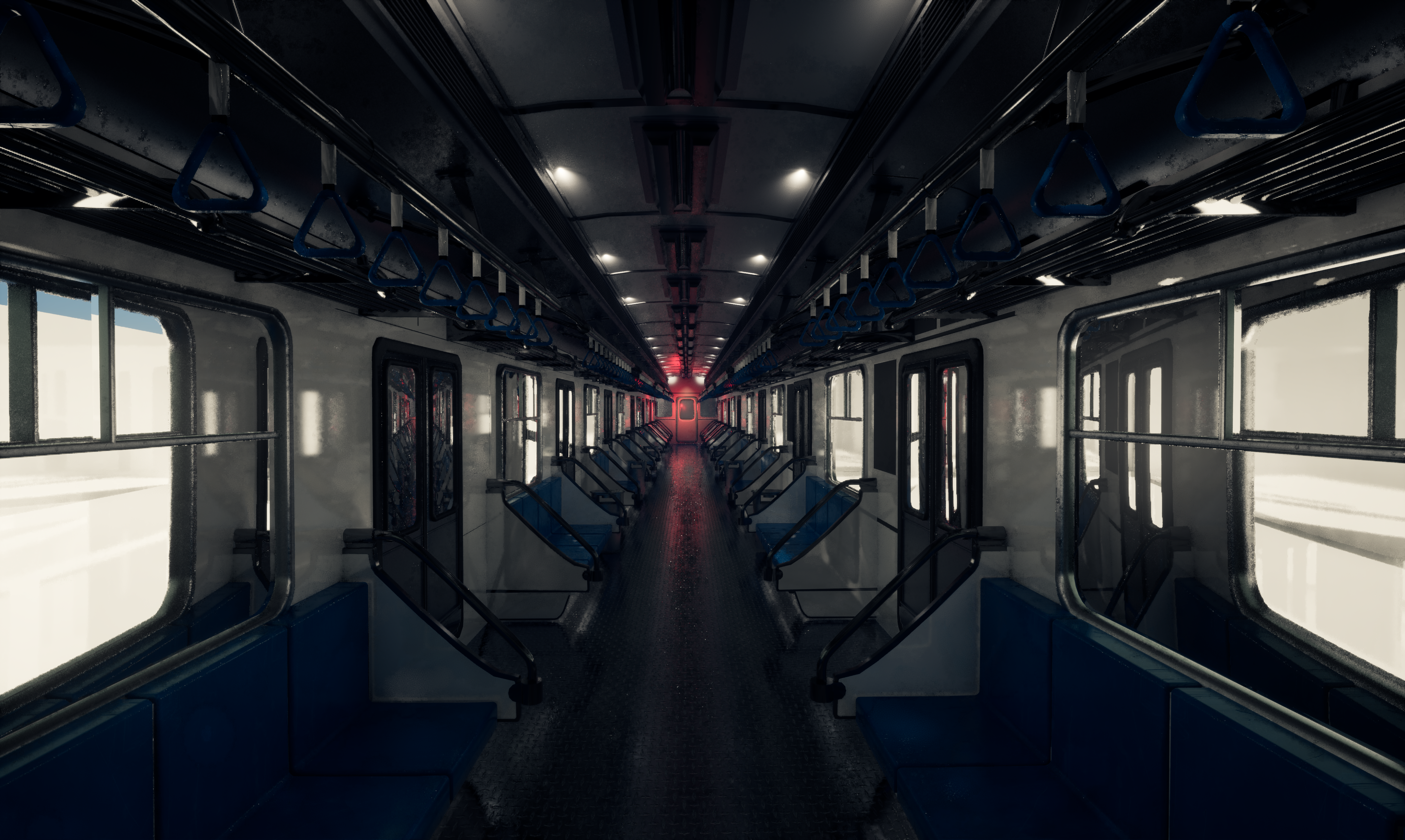 A subway carriage with a long central aisle, blue seats and straps, bright light from the windows, and a red glow at the far end creating a tense, cinematic atmosphere.