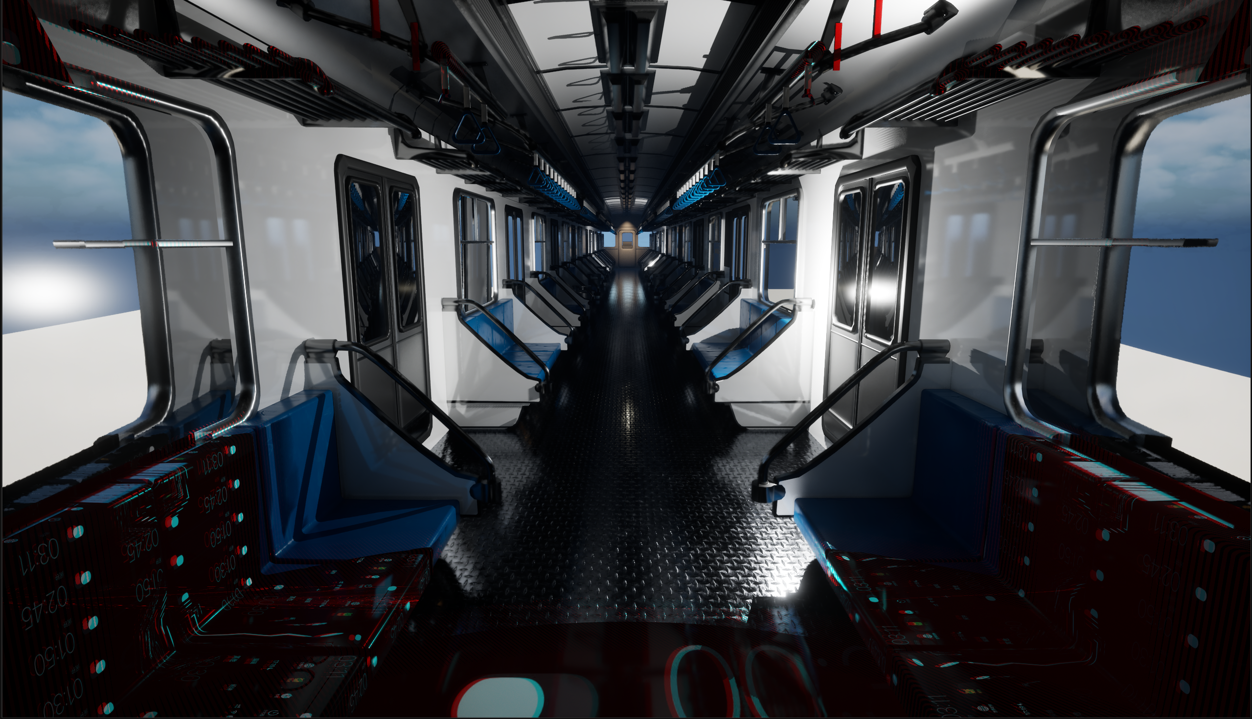 A subway carriage with a long aisle, blue seats and straps, bright daylight outside, and glitch-like red and blue distortions overlaying the scene.