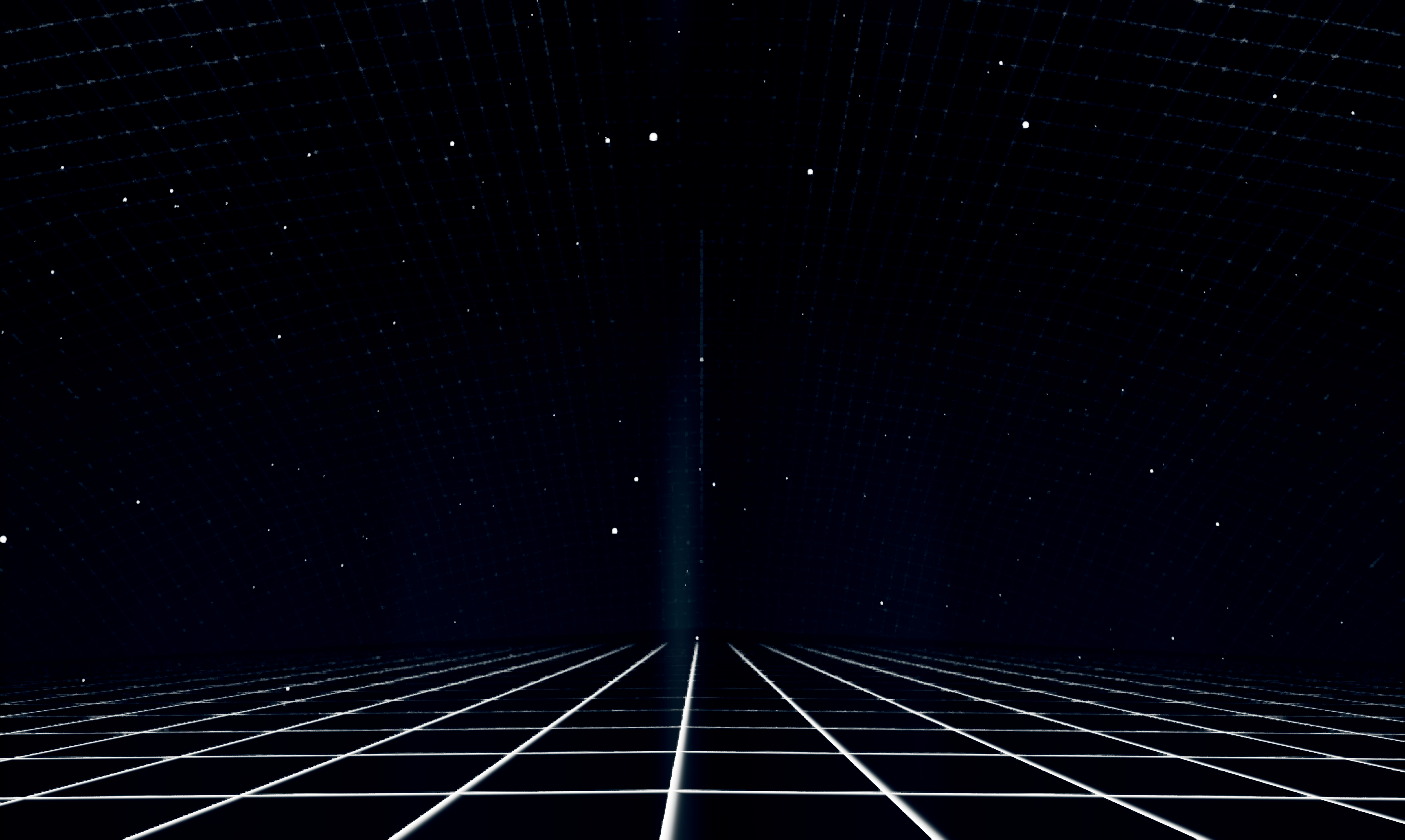 A dark, futuristic space with a glowing grid floor and walls, dotted with stars, converging toward a central vertical light beam in the distance.