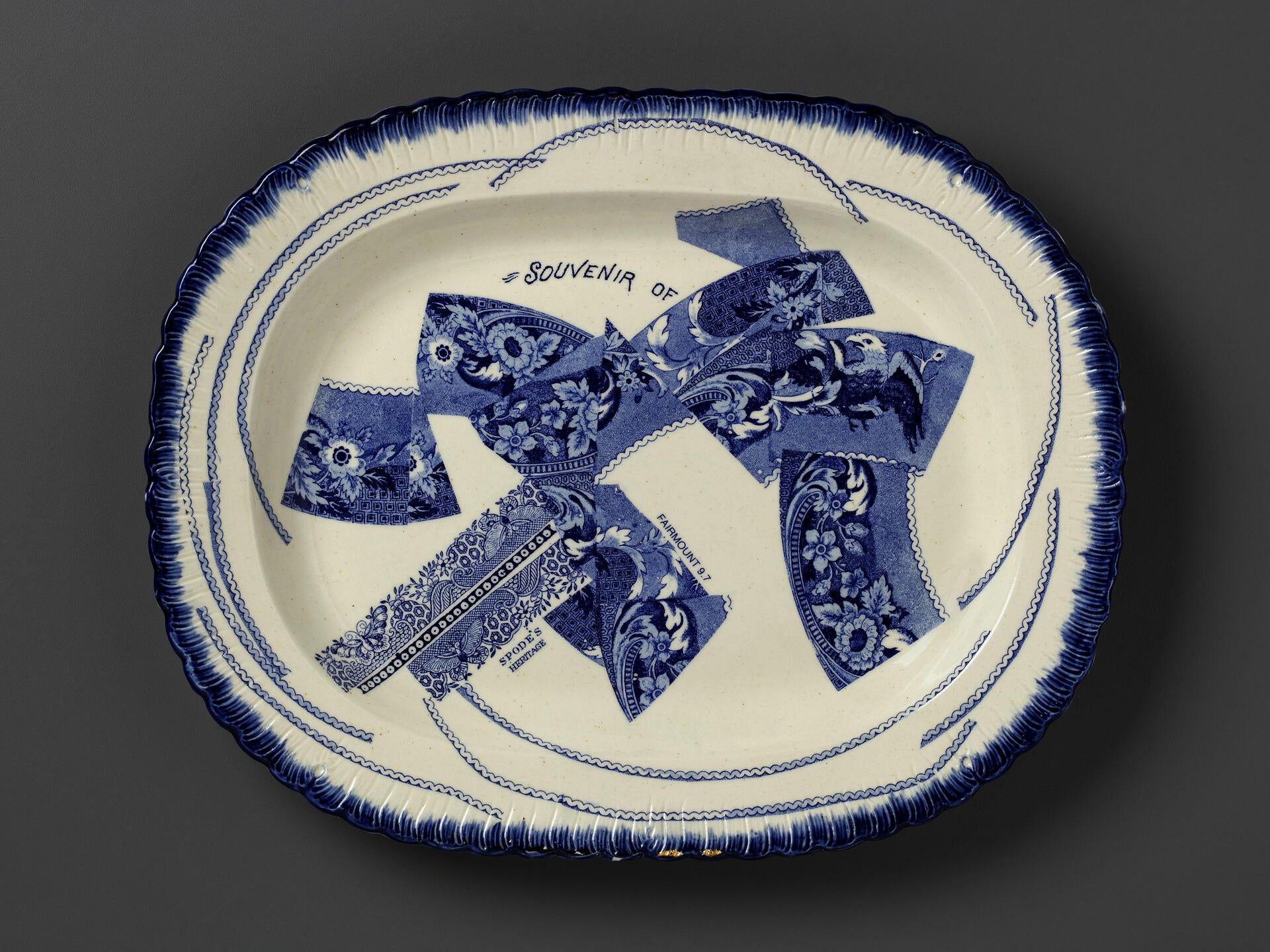 blue and white transferware platter