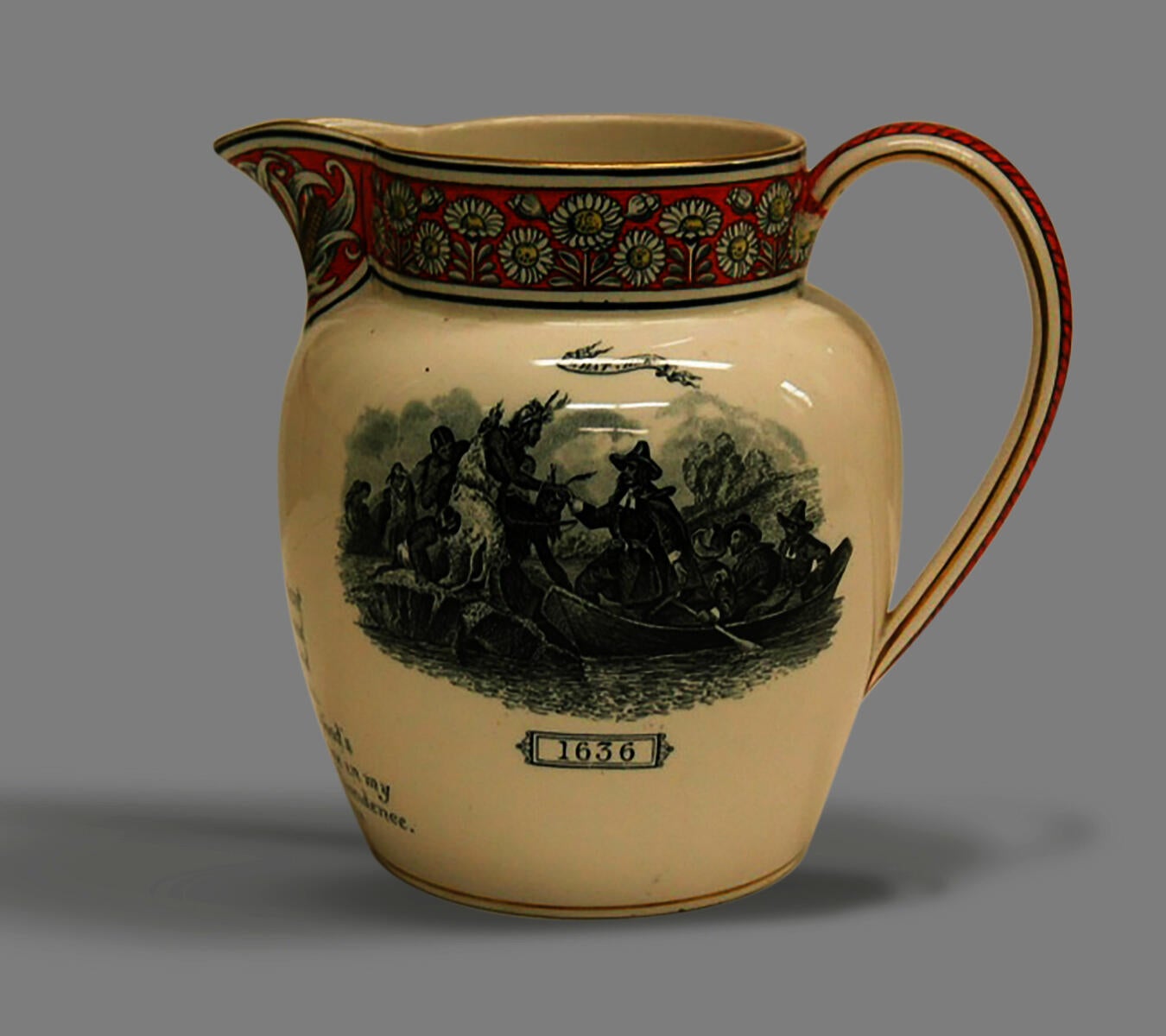 transferware jug depicting Roger Williams in a boat encountering Narragansett people
