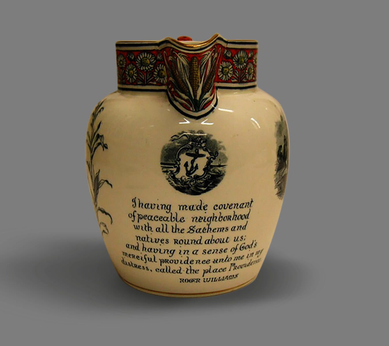 transferware jug with text describing Roger Williams encountering the Narragansett people