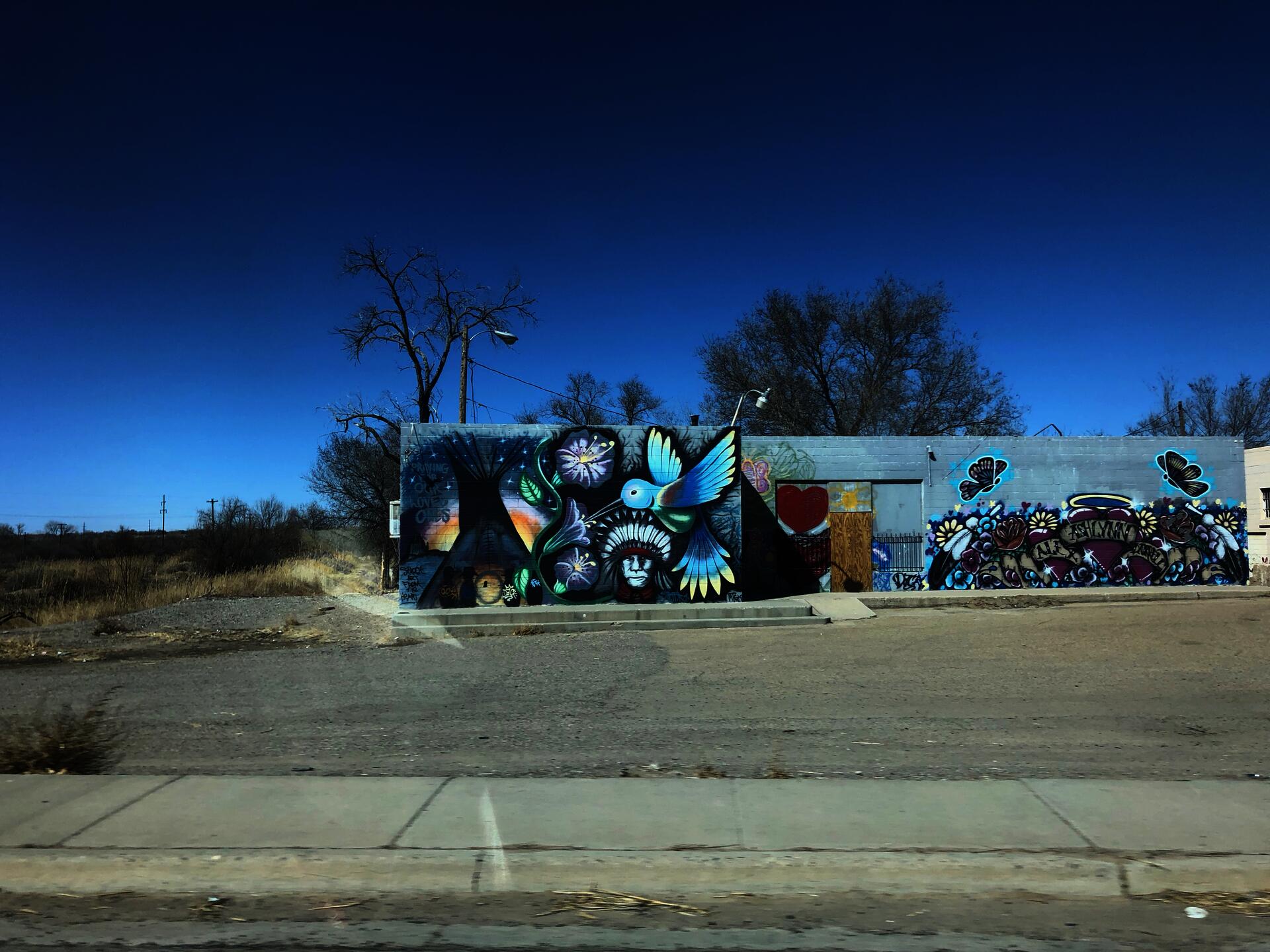 cinderblock building with a large graffiti hummingbird near Shiprock