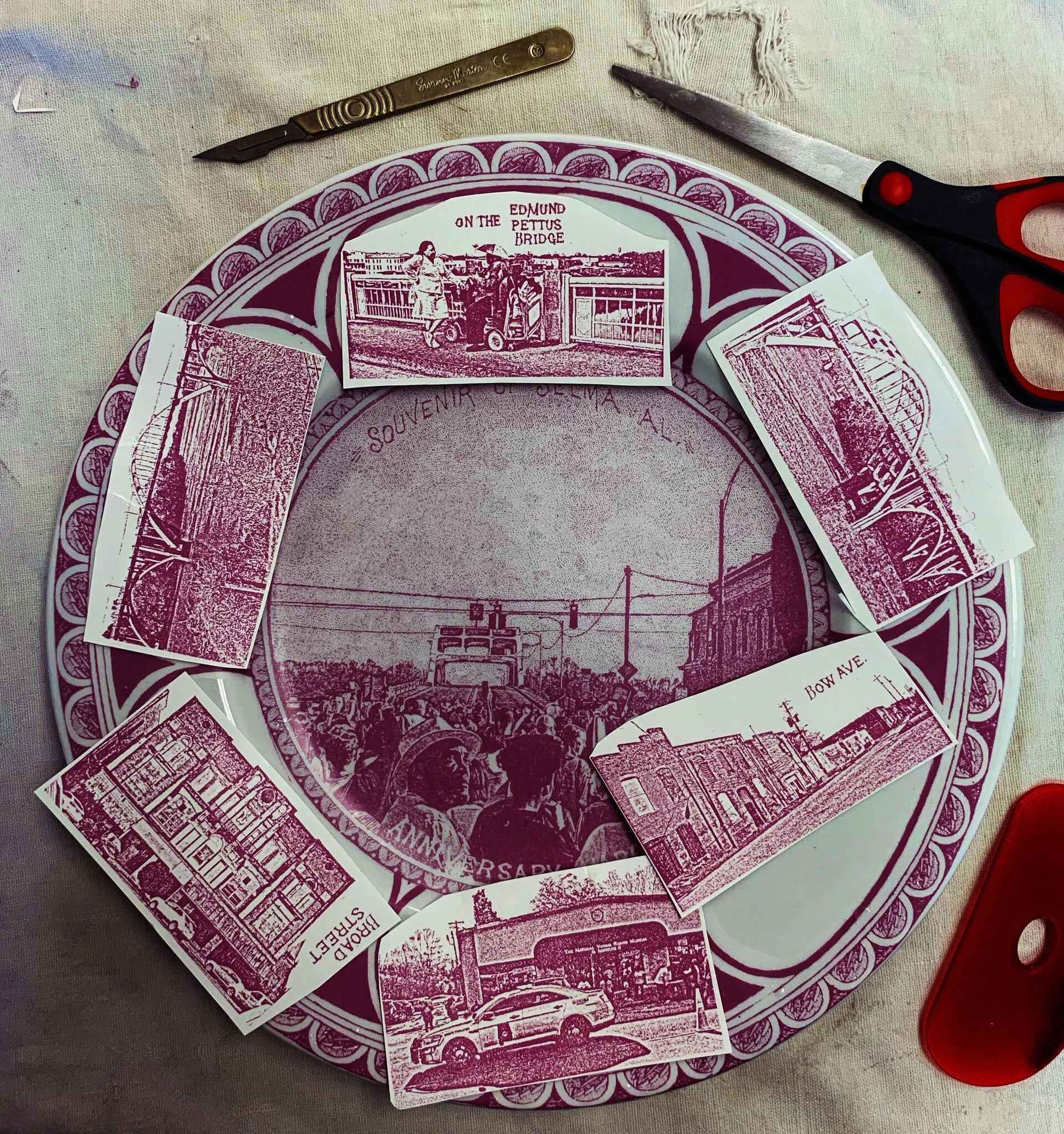 assembling transferware tissue on a plate in preparation for firing