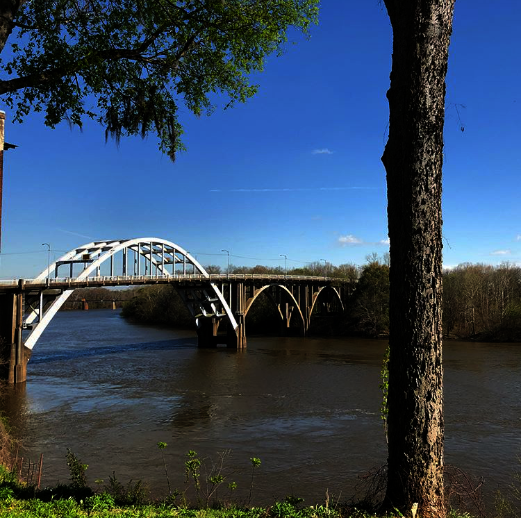 landscape view of river and Edmund Pettus Bridge
