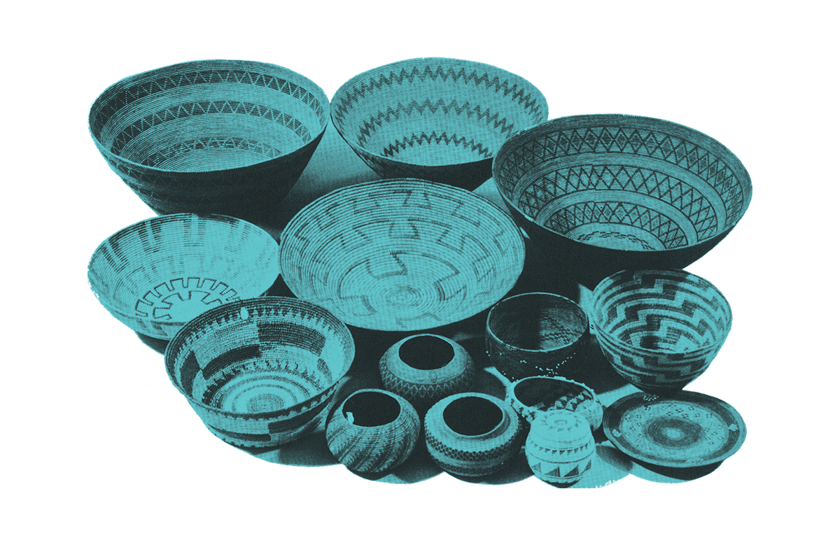 a group of native american woven baskets
