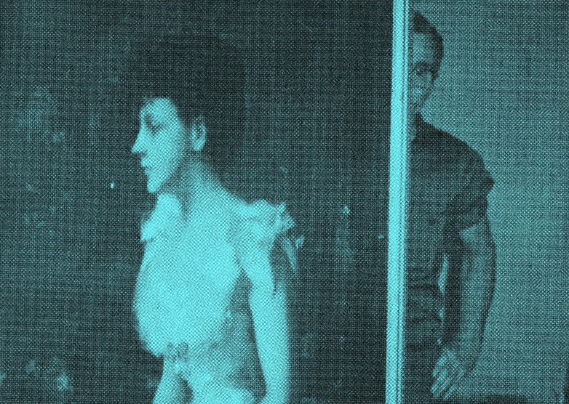 close up of an Andy Warhol polariod, showing a man carrying a portrait of a 19th century woman dressed in white