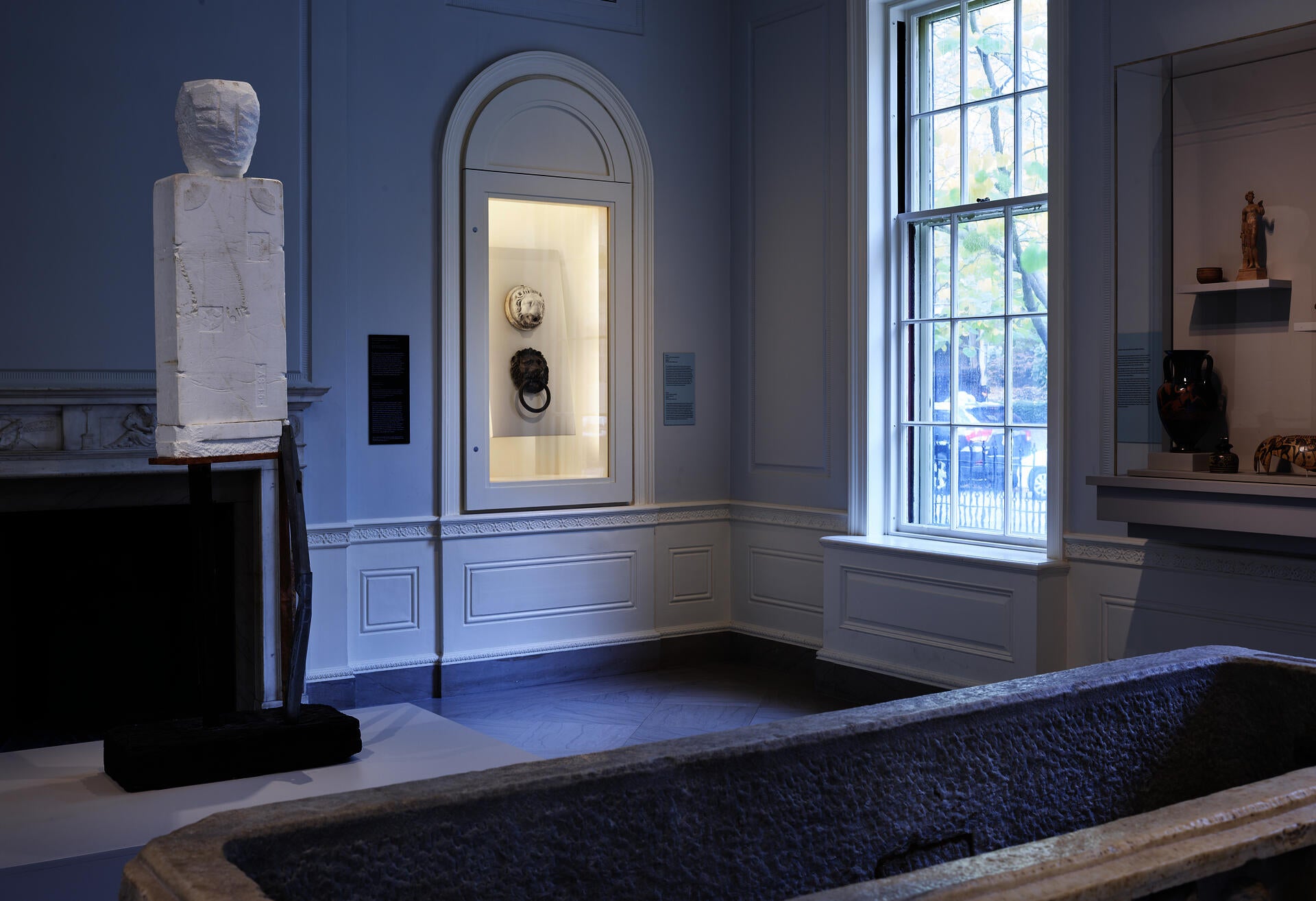 Installation shot of Huma Bhabha "Ghost" sculpture on view in the Greek and Roman gallery