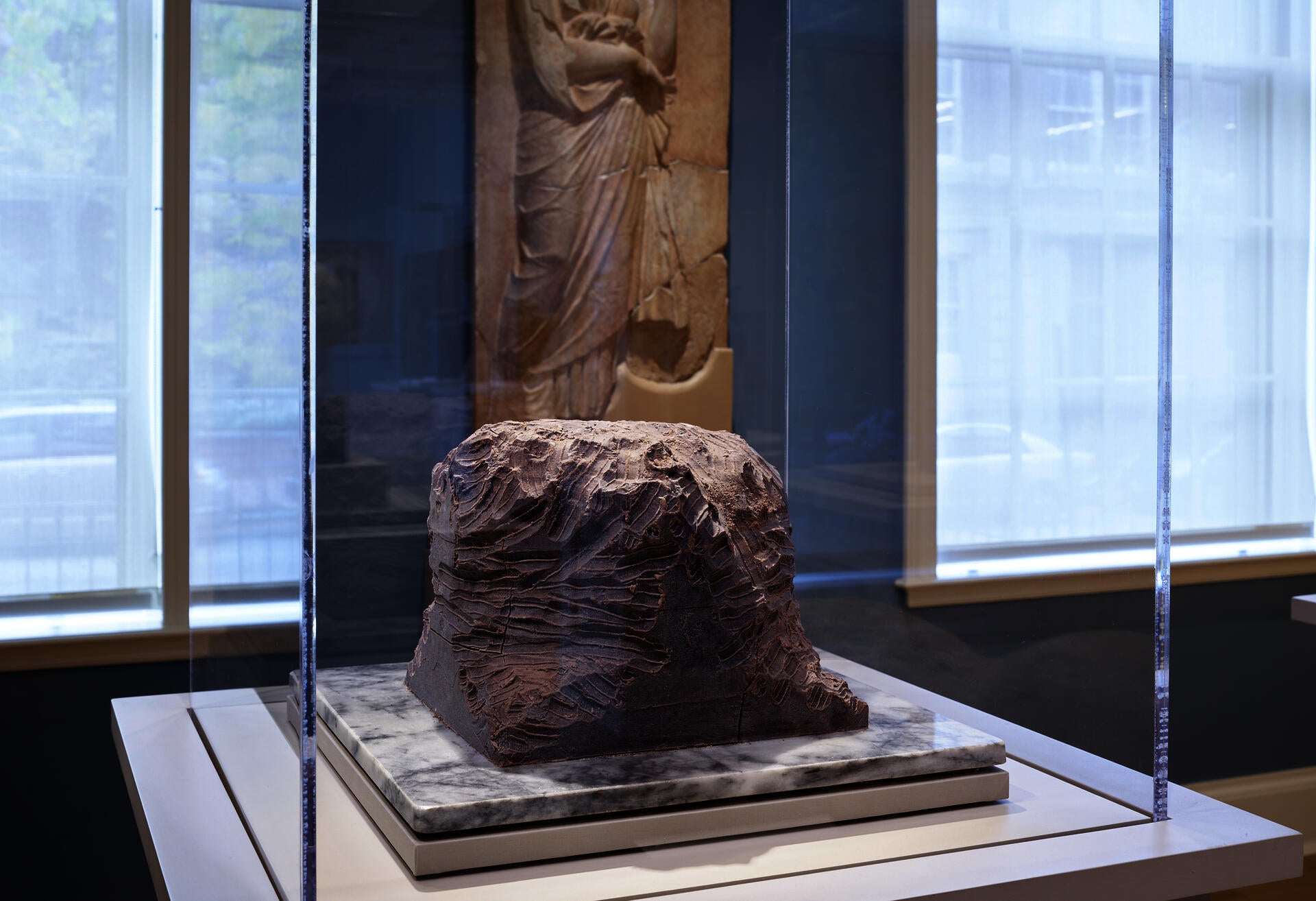 Installation shot of Janine Antoni's "Chocolate Gnaw" in the Greek and Roman gallery