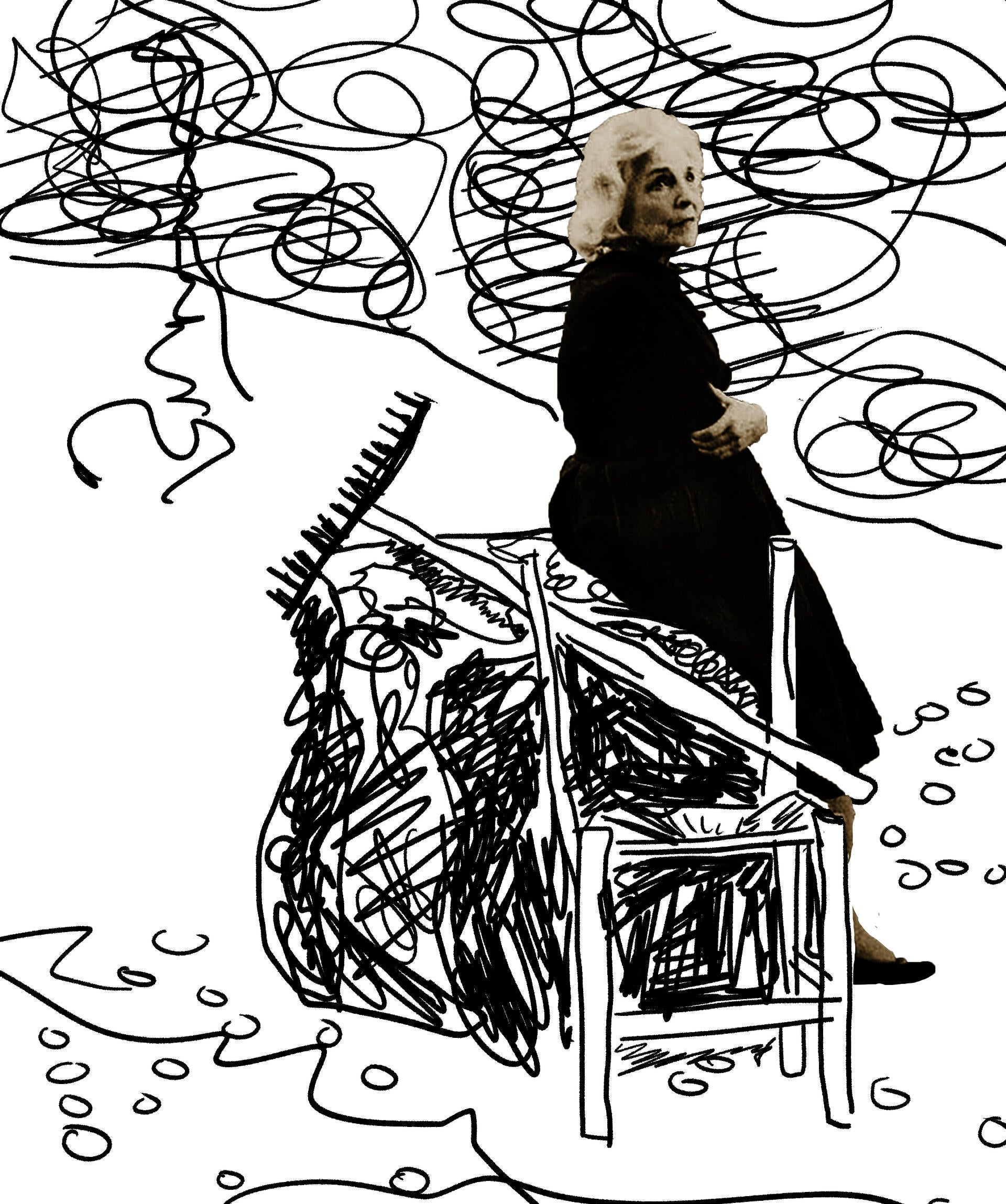 Delia del Carril sits on a large rock with a rake and a broken chair, the background is hand drawn