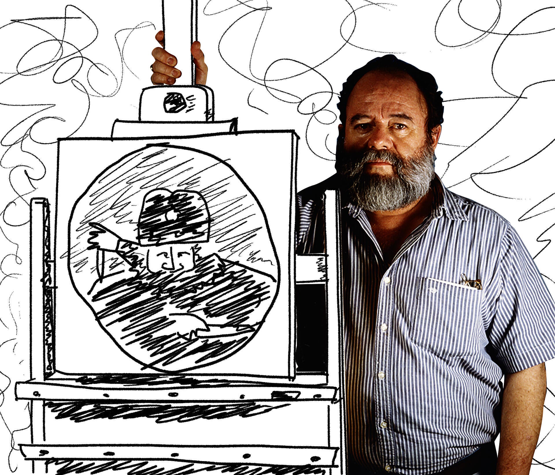 Alfredo Castañeda stands next to an easel with his painting on it