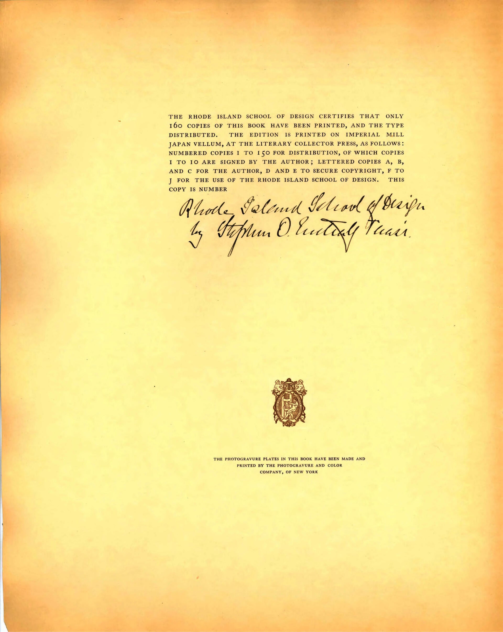 The Pendleton Collection book: Forematter. Text describes how many books were printed (160). Handwriting designates this as a copy of RISD.