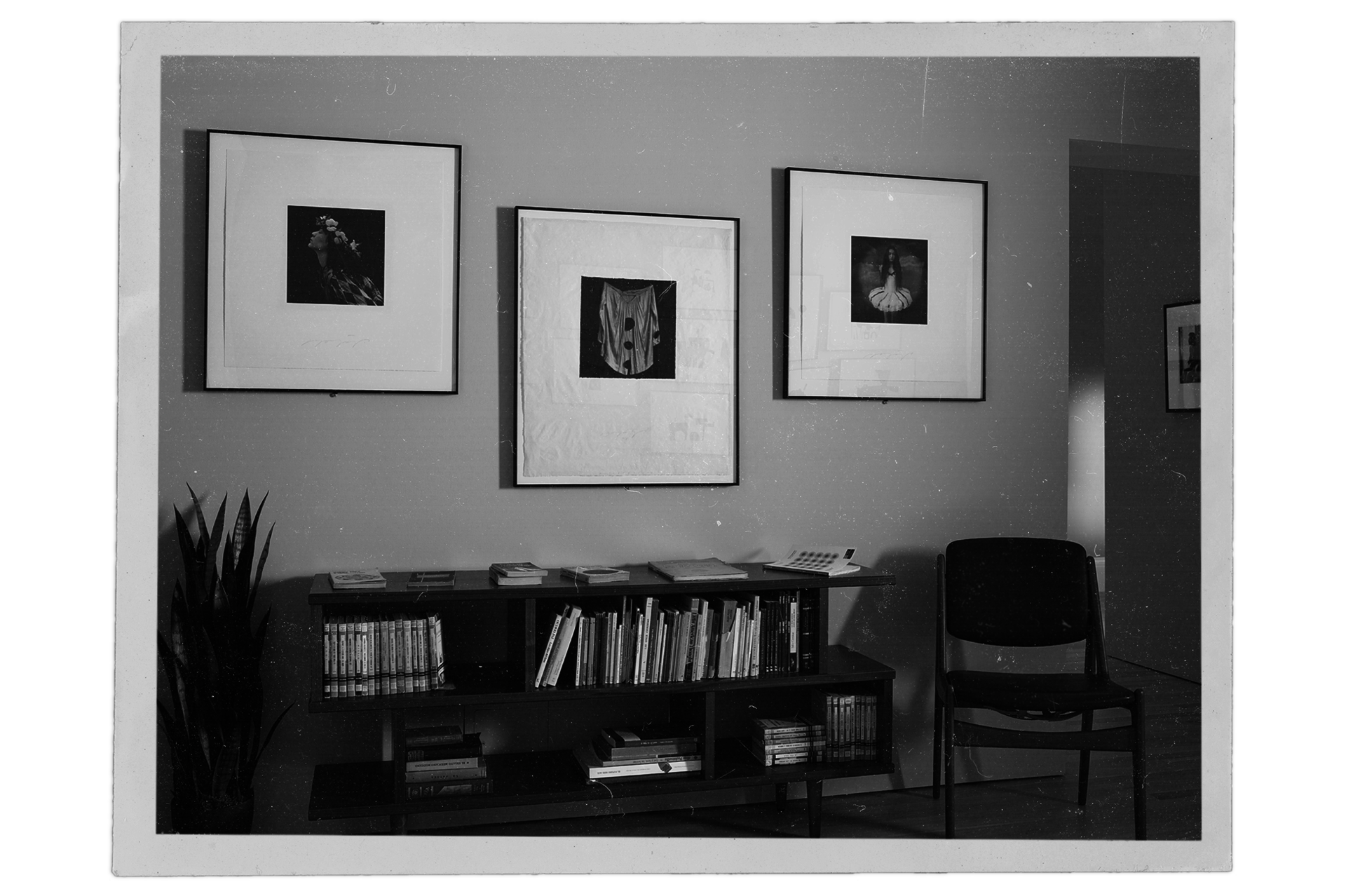 "Old" photograph of three photographs by Luis González Palma, in a mid century modern interior
