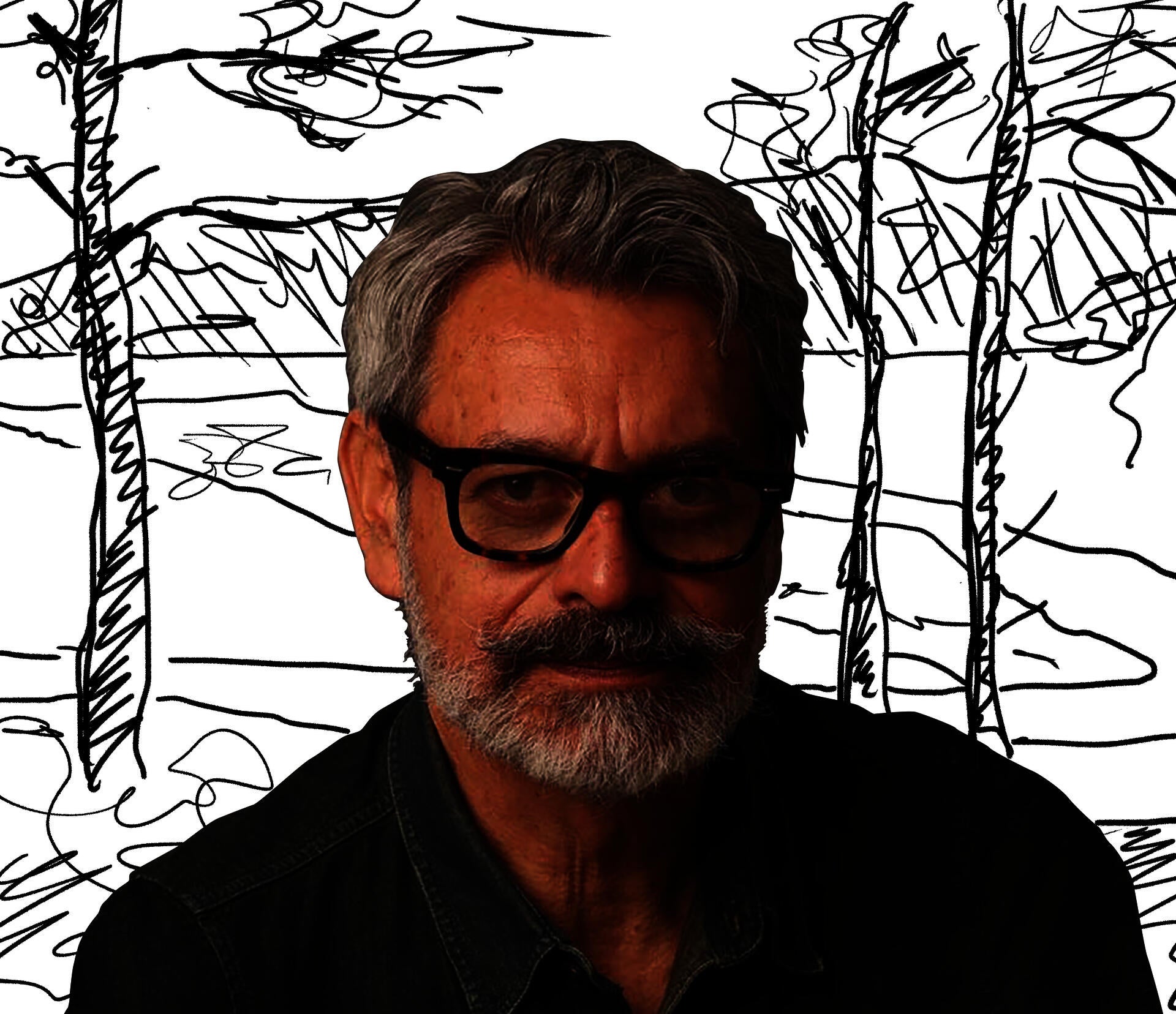 Luis González Palma, seated, with a drawn background of a garden