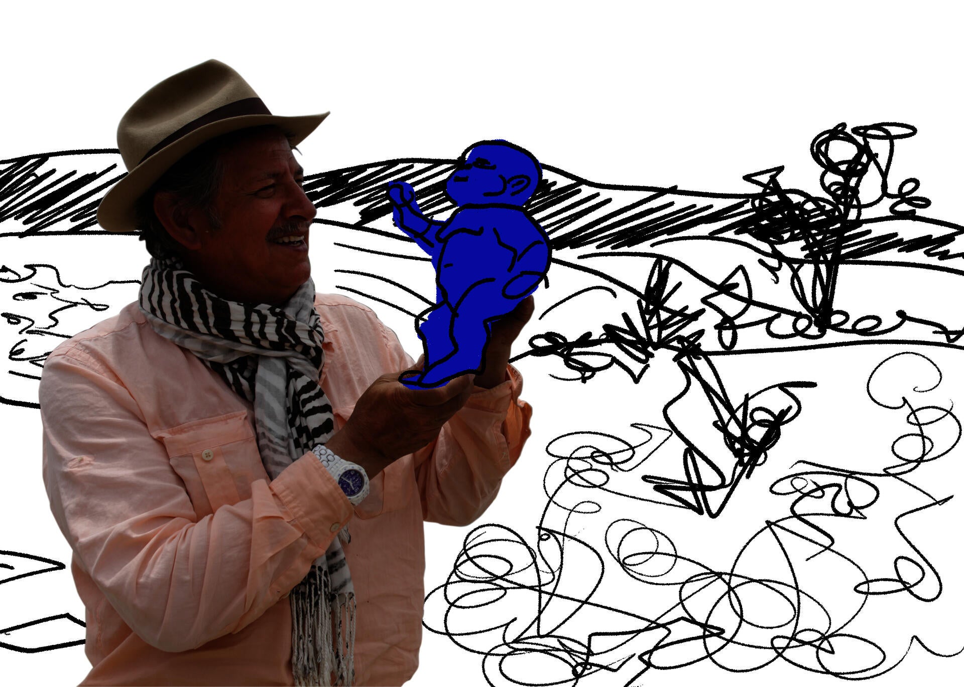 Miguel Angel Ríos holds up a baby doll while standing in a trash dump (background is illustrated)