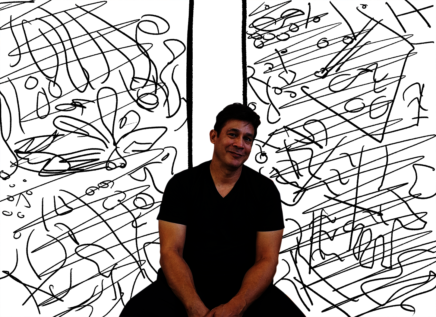 Arnaldo Roche Rabell sitting in front of a drawn background of paintings