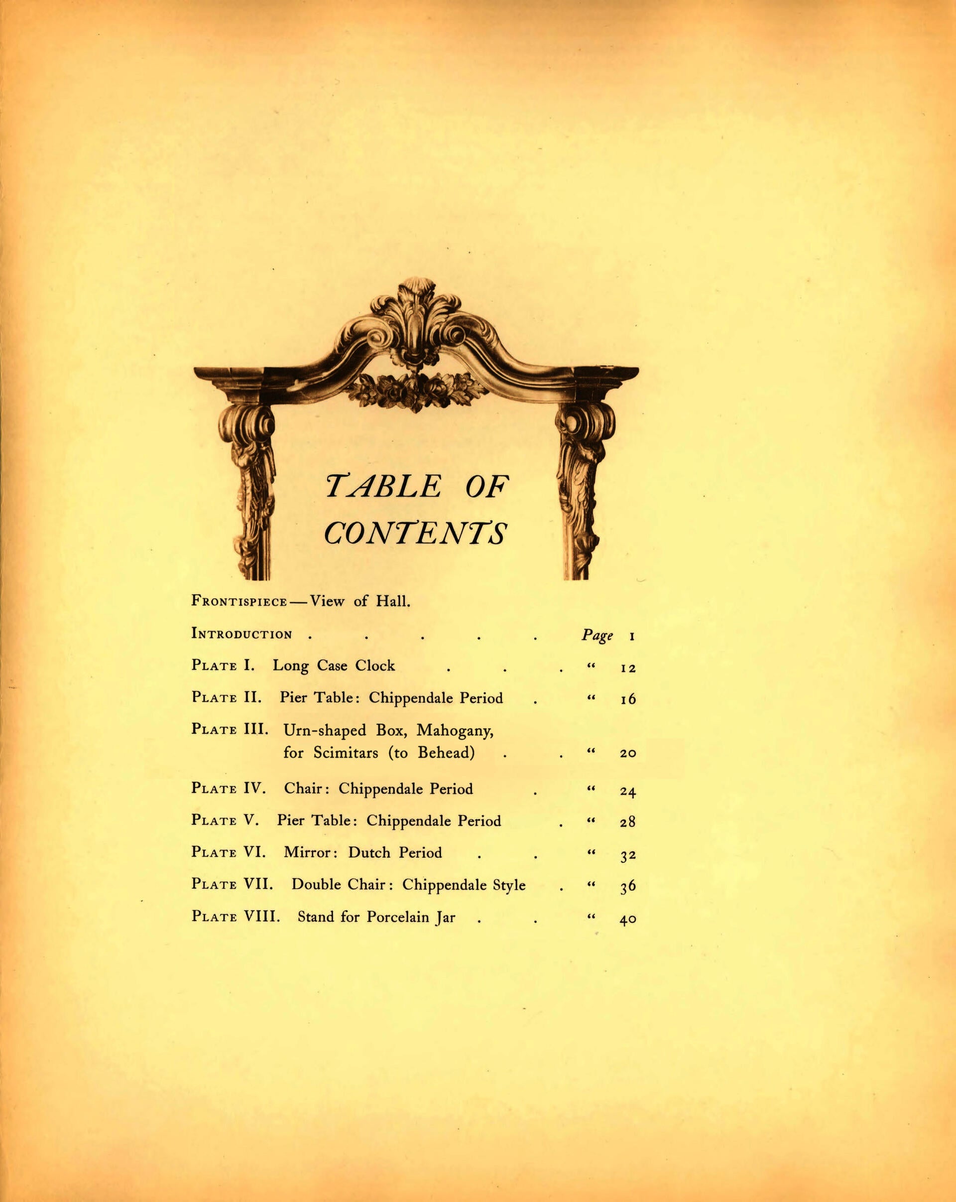 The Pendleton Collection: Table of Contents page, with an ornate photogravure frame around "table of contents"