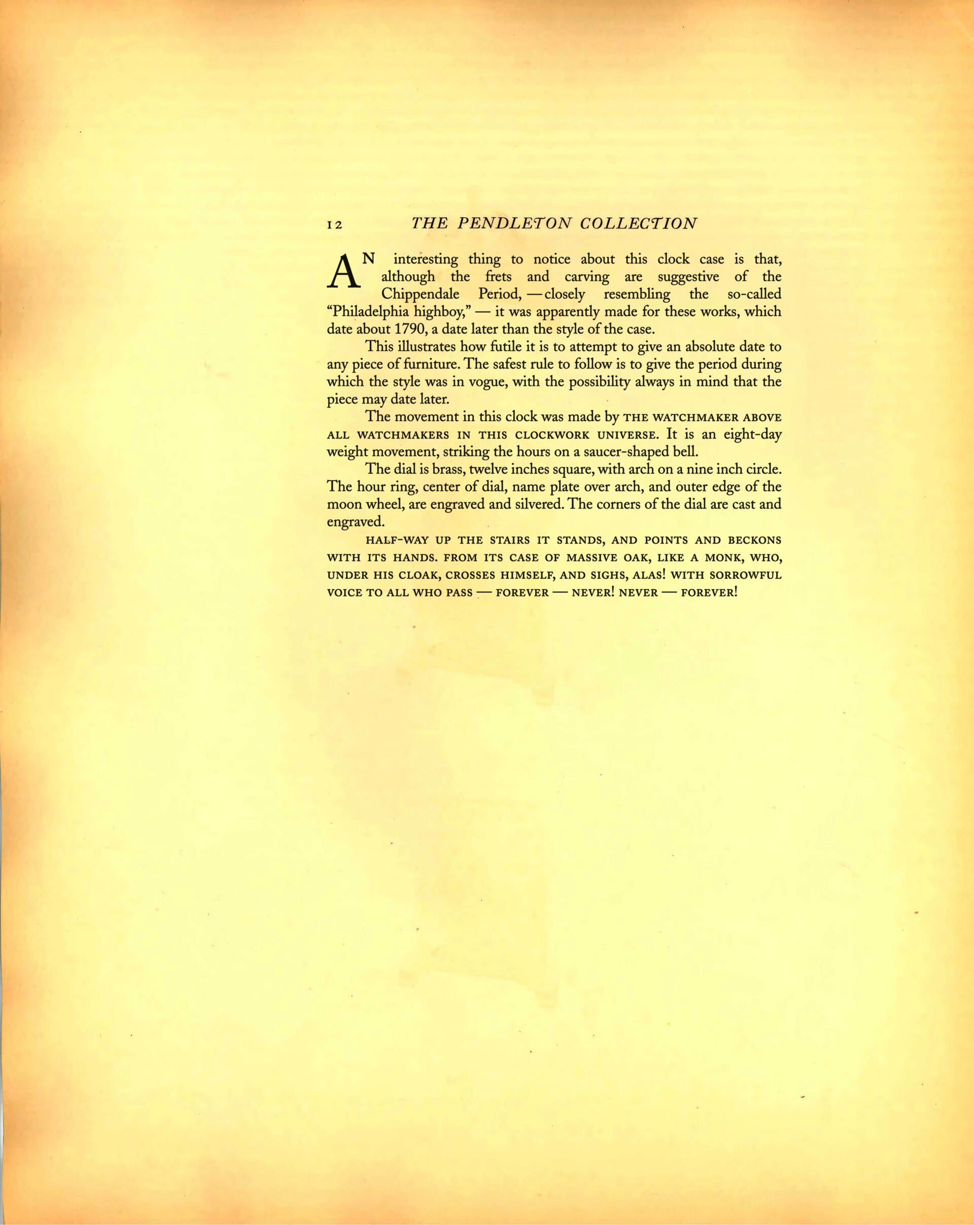 Pendleton Collection page: Text page, describing a grandfather clock