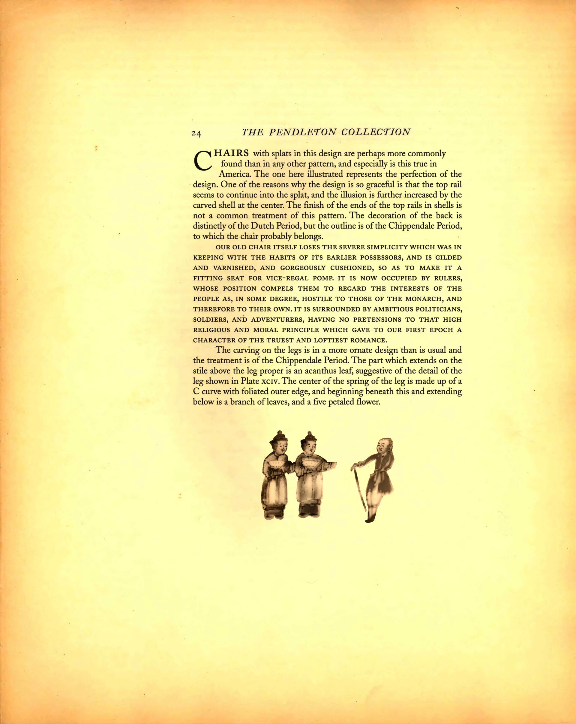 Pendleton Collection Catalog Page: text describing Chippendale chair, with an illustration of two eighteenth century Chinese figures with fans interacting with a figure in Western attire with a cane