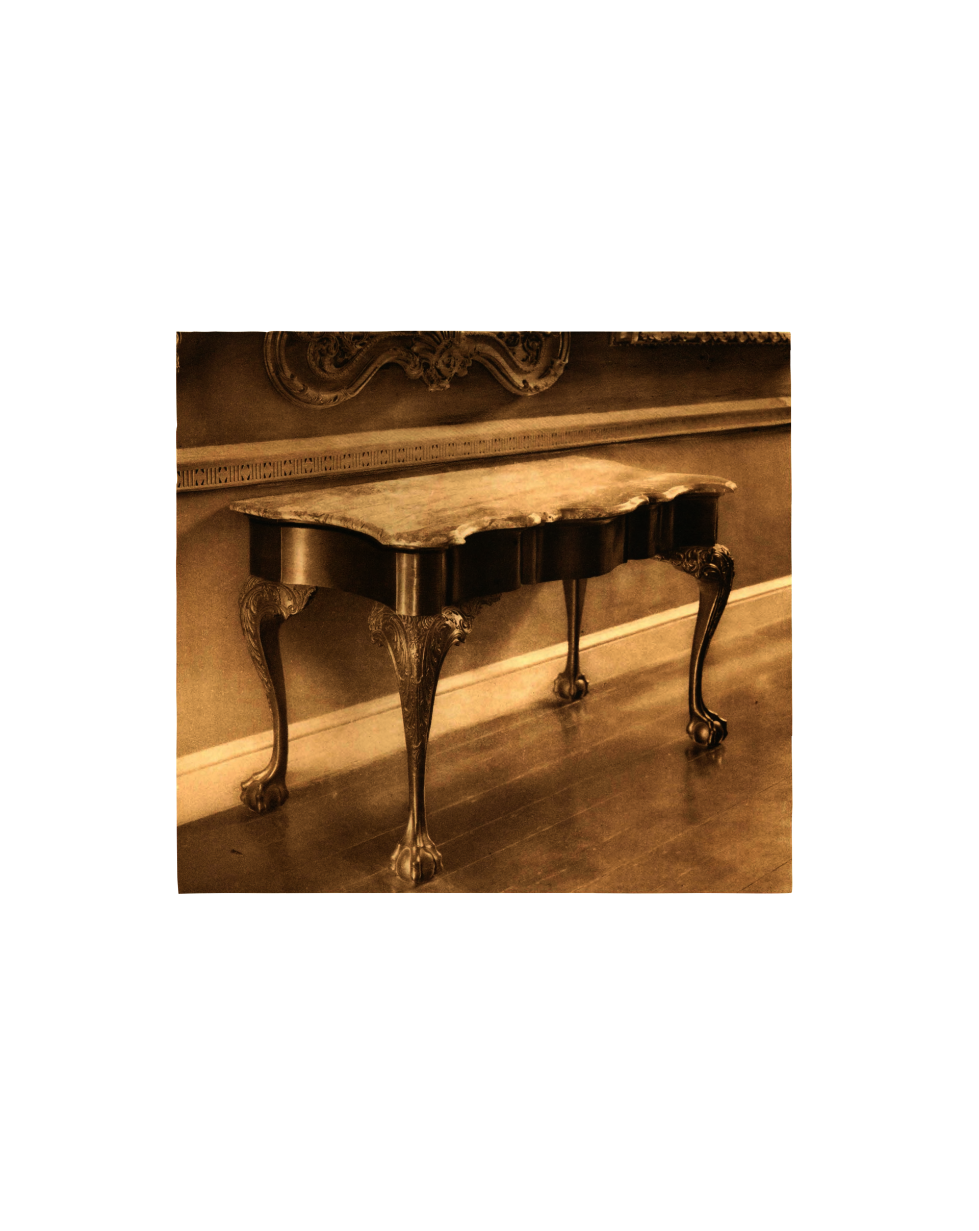 Pendleton Collection Catalog Page: photogravure of a Chippendale pier table, with marble top and ball and claw feet
