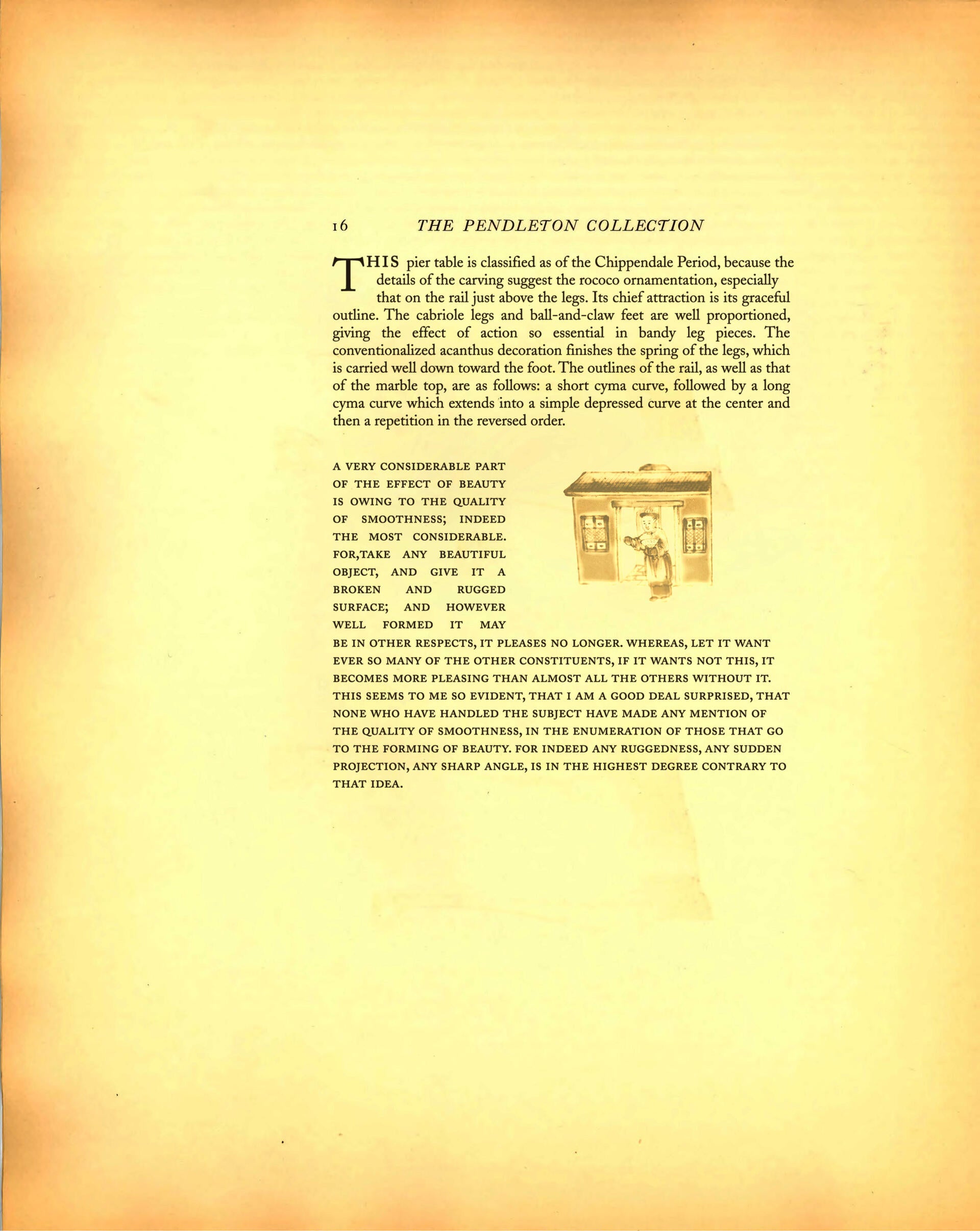 Pendleton Collection Catalog Page: text describing Pier Table, with an illustration of an 18th century Chinese figure standing in front of a single story building
