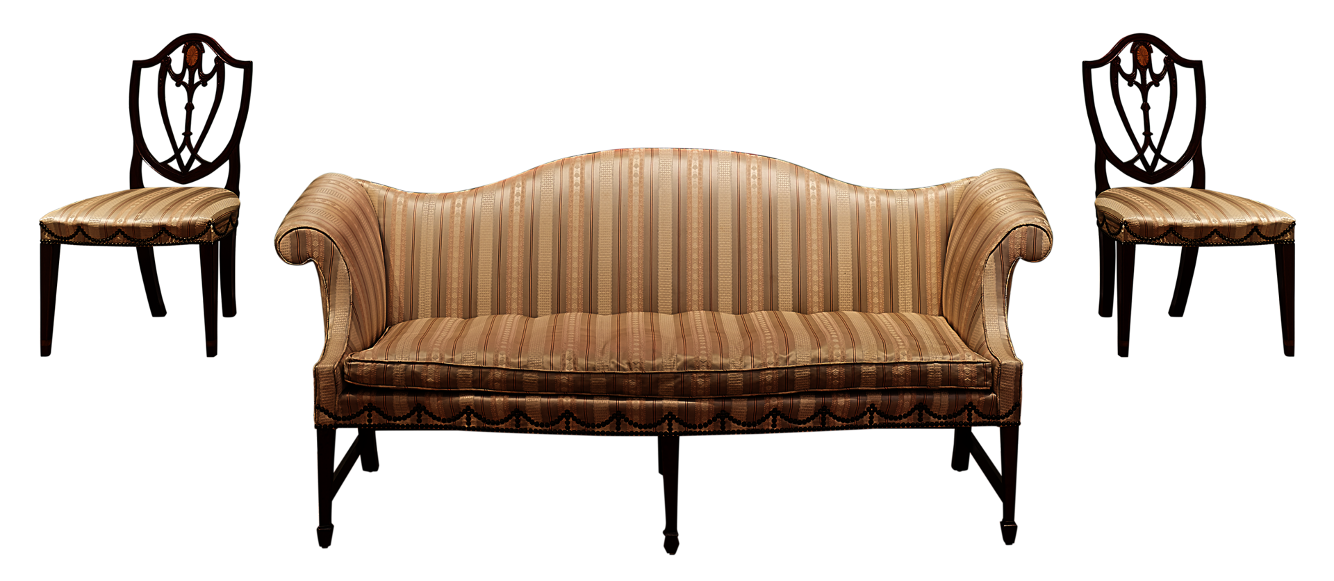 two wooden side chairs with cream upholstered seats, American, ca. 1800 flanking a couch upholstered with the same fabric, also American, ca. 1800