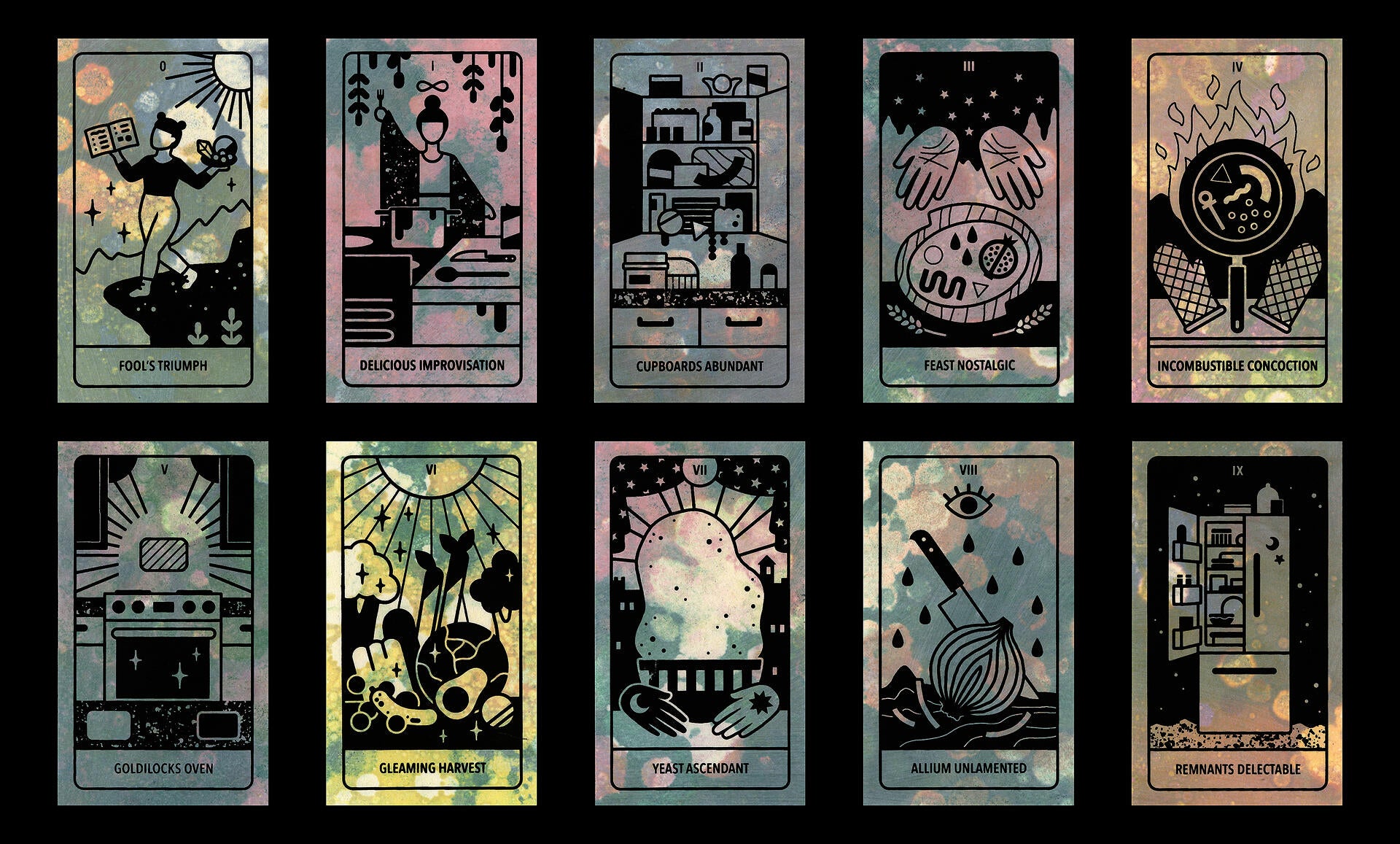 Designs for a deck of cards used to bring you good luck in the kitchen. Keep the talisman of your choice on the fridge to aid in your cooking.