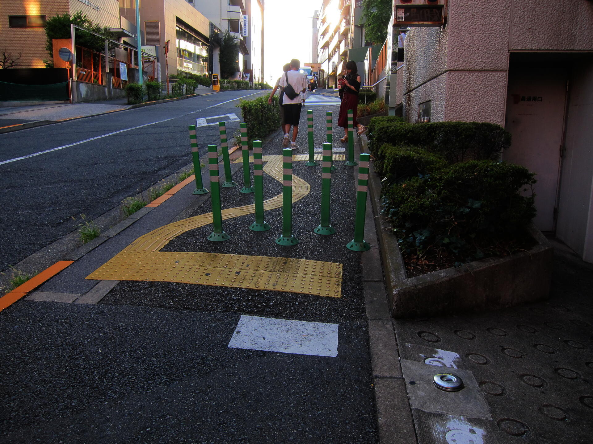 A curvy path of tactile pavement surrounded by green bollards