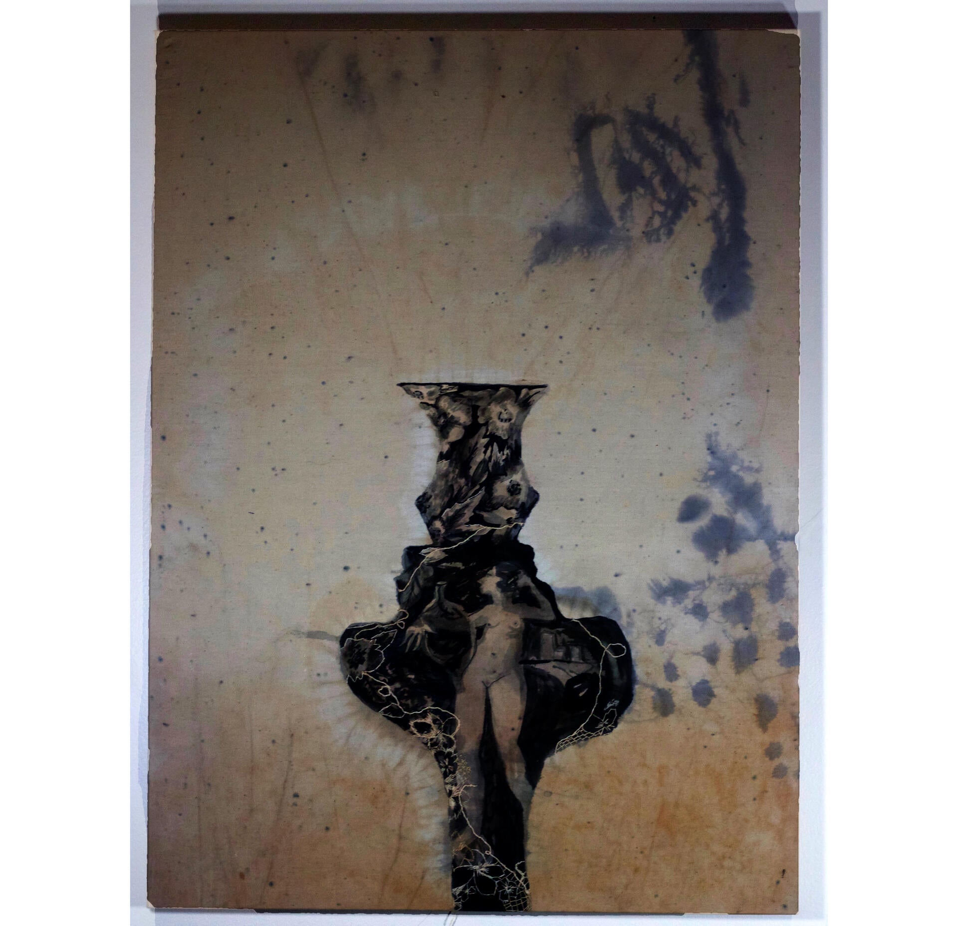 Seeming Wonderful (2020) Natural Dye( onion skins, avacado pits, and black beans) with acrylic and hand embroidery on cotton muslin