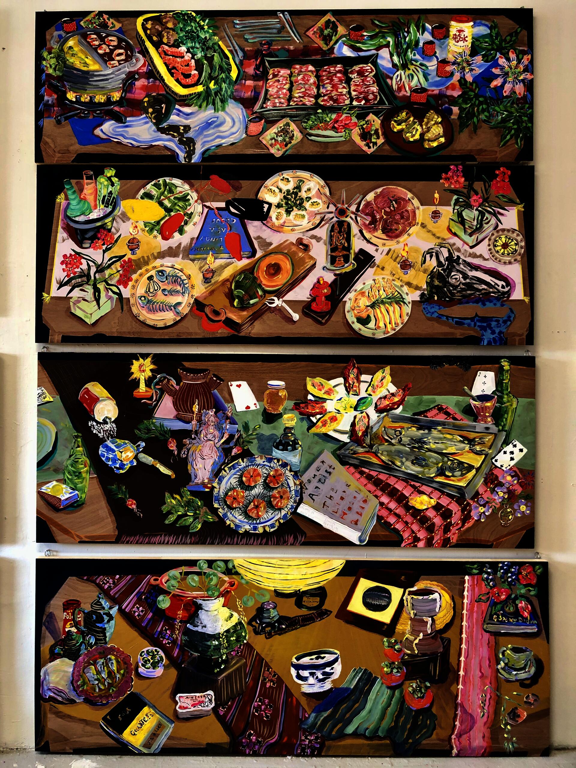 Studio shot, four paintings from the series: Slice of Life, Theater of the Dinner Table