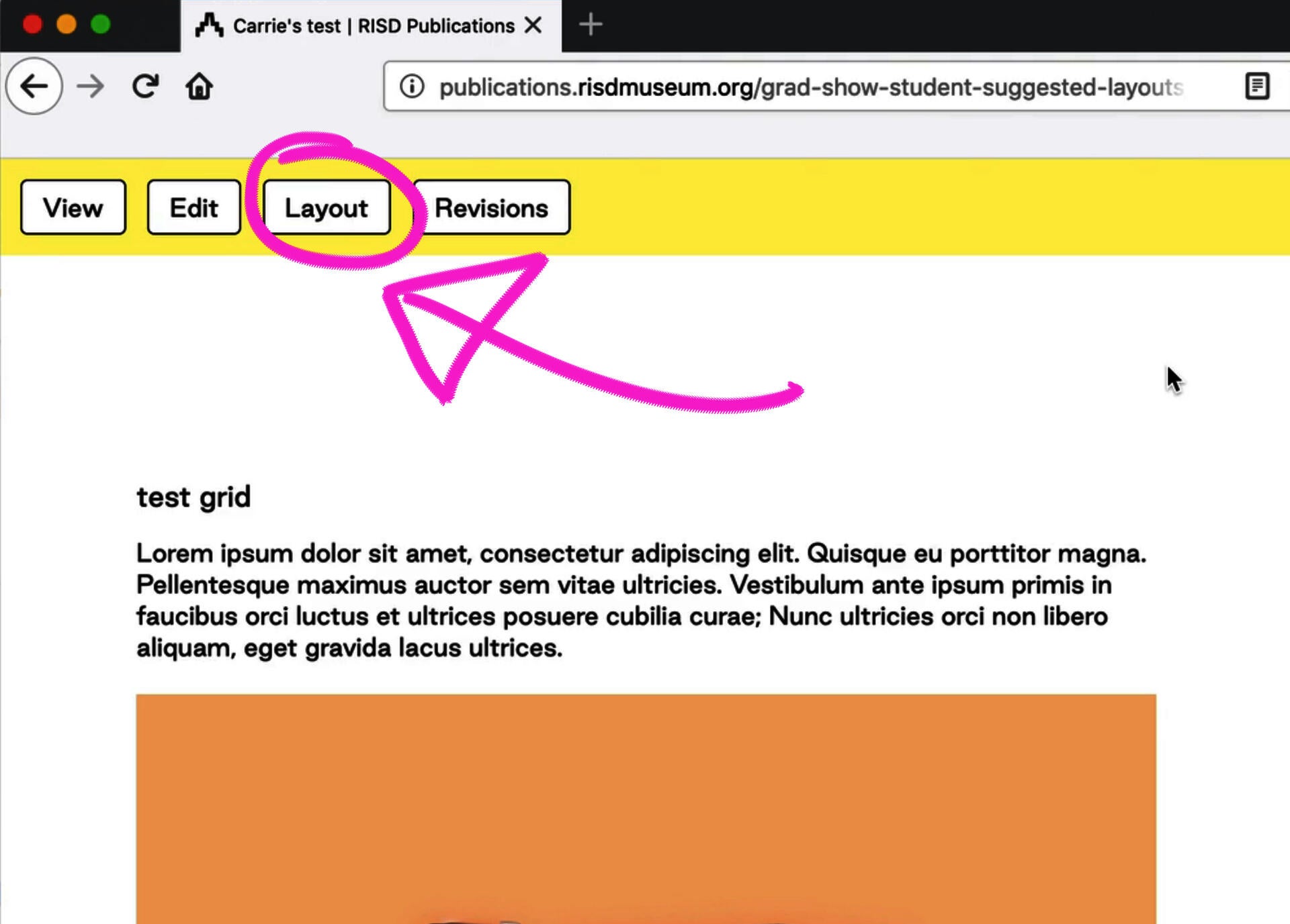 Arrow pointing to Layout button in yellow bar
