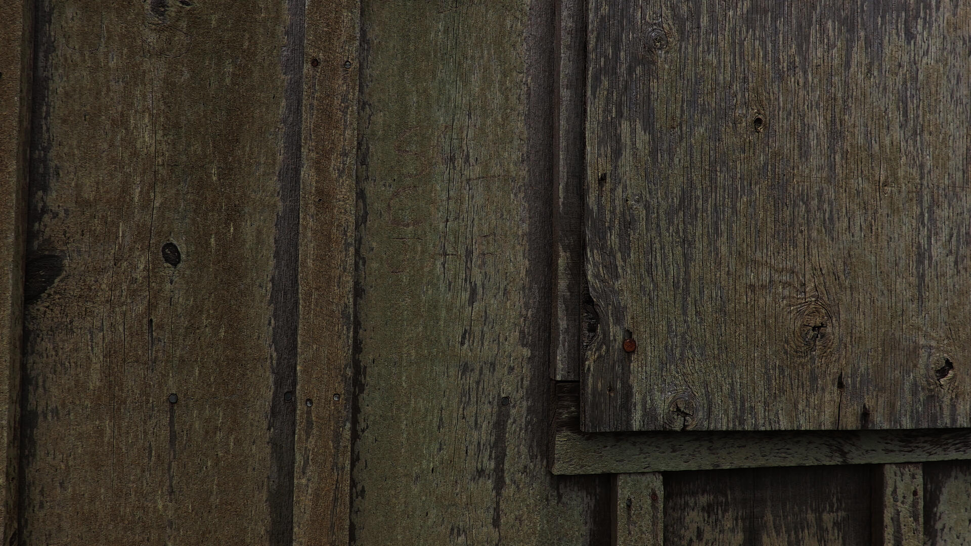 Wooden slats are shown close-up in a detail shot with weathered and rusty nails and fastners.