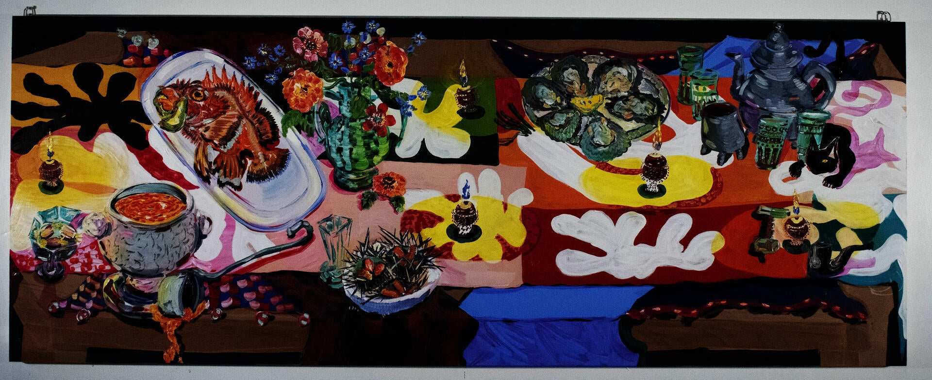 “I Wouldn’t Mind Turning Into A Vermillion Goldfish”- Matisse Imagination’s Feast, Dining with Matisse Size: 30x78 Medium: Acrylic and Polycolor on Wooden Door with Carving Date: 04/15/ 2020