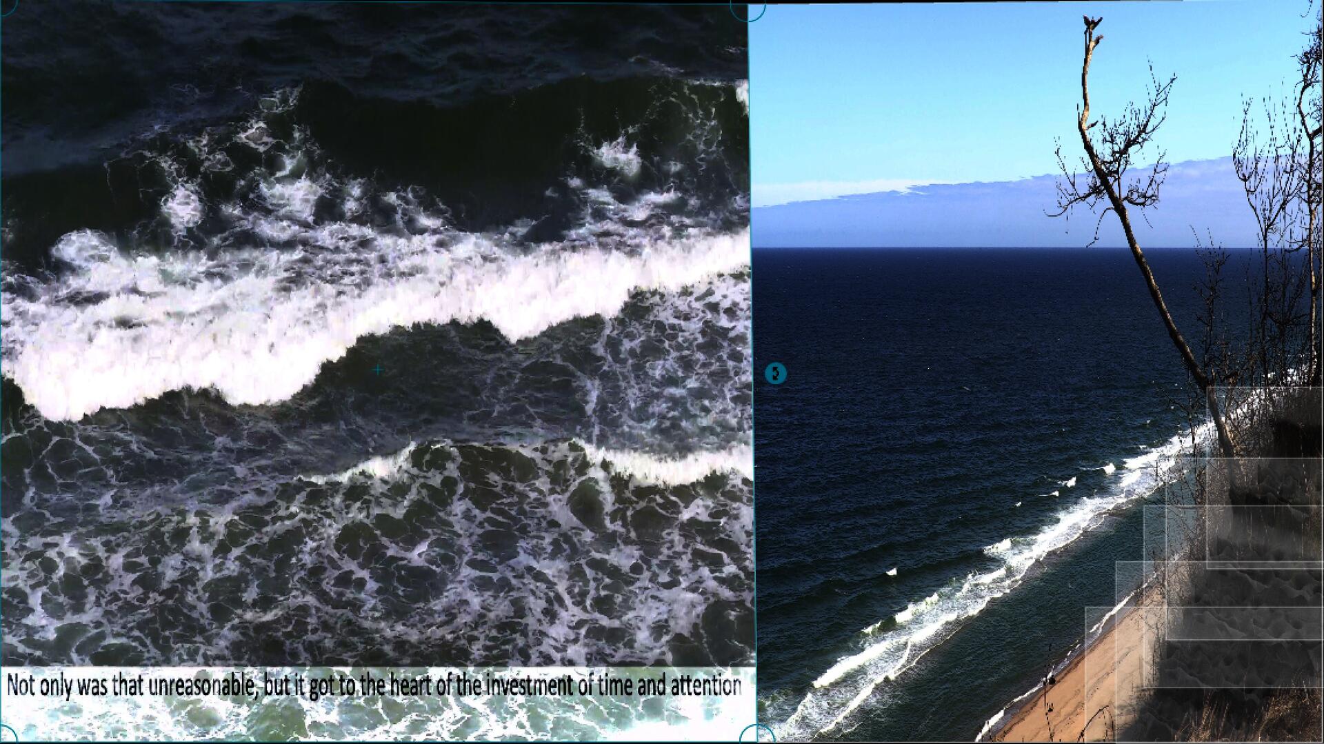 Waves with text in a split screen with a glacial cliff.