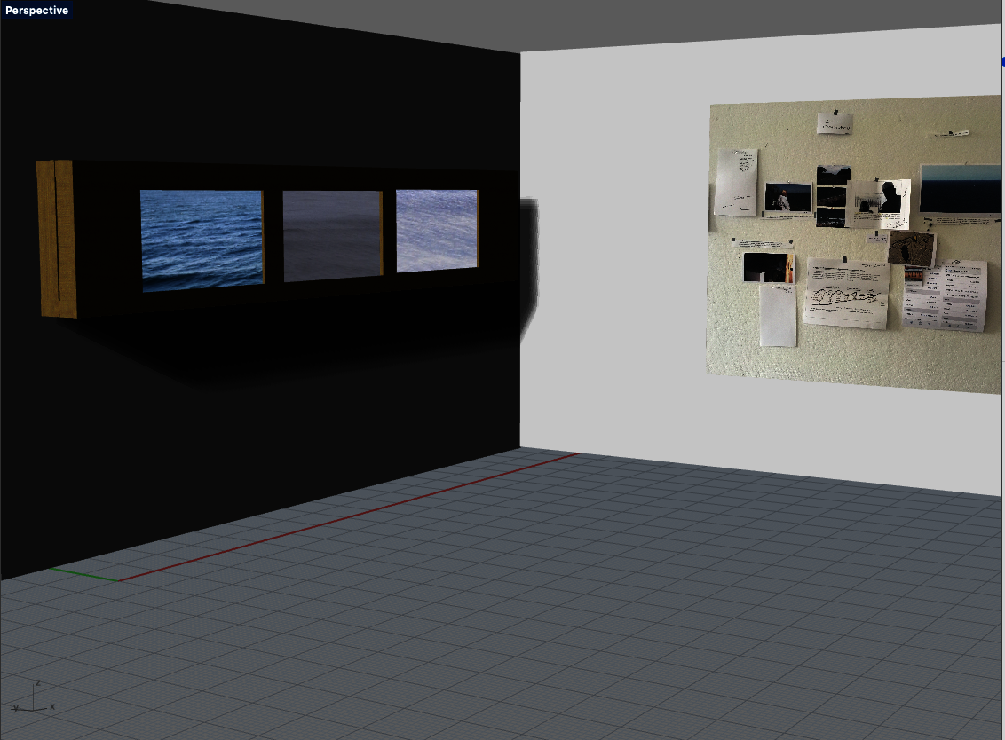 A 3D rendering of an installation featuring a three-channel video contained in a wooden rectangular structure. On an adjacent wall is printed documentation.