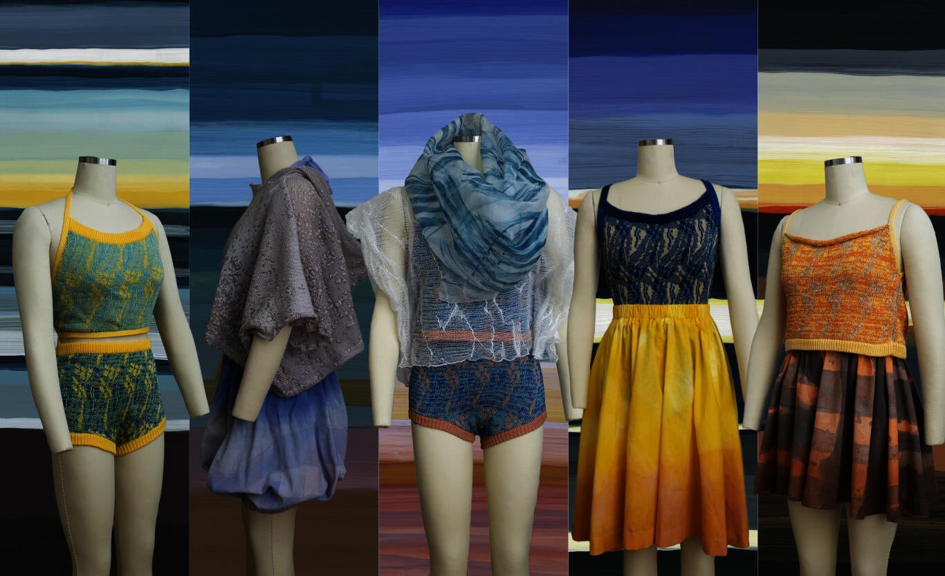 all of the previous dress forms and painted stripes combined into one image