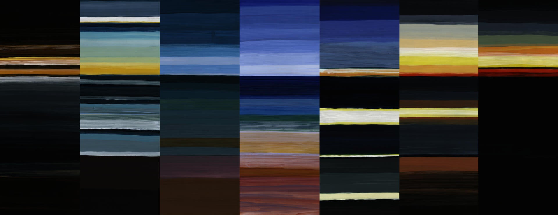 seven panels of horizontal stripes depicting the time of day from sunrise to sunset