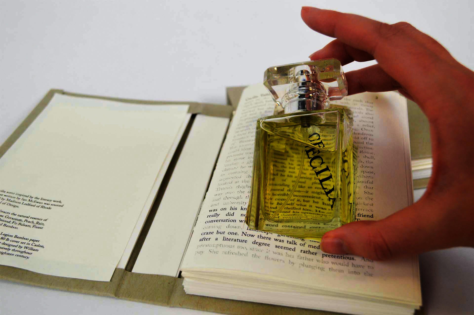 Package design for handcrafted perfume with scents made from essential oils, embodying the spirit of the main characters from Ian McEwan’s "Atonement" novel
