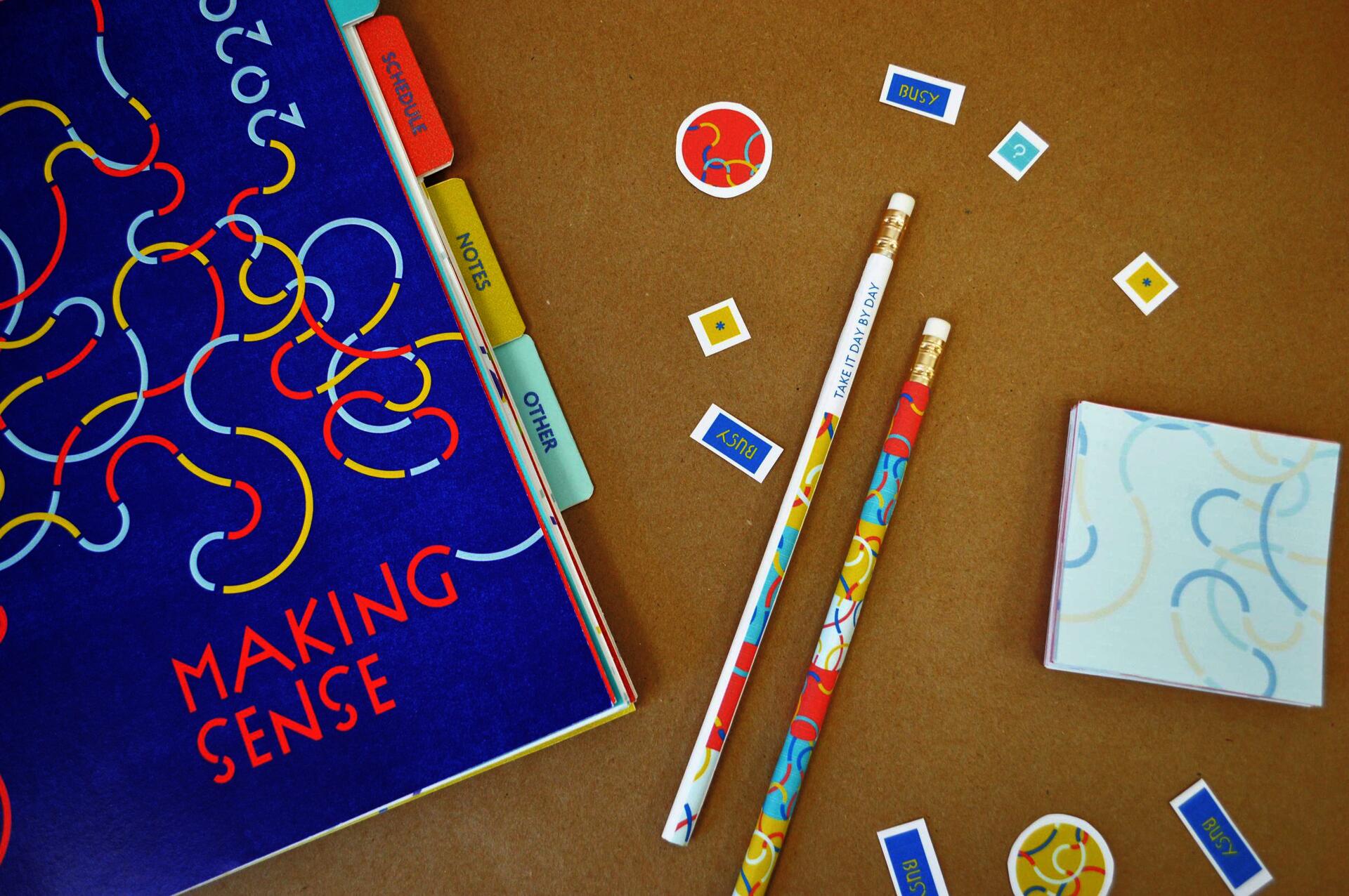 Branded planner, pencils and stickers for the 'Making Sense' planner kit