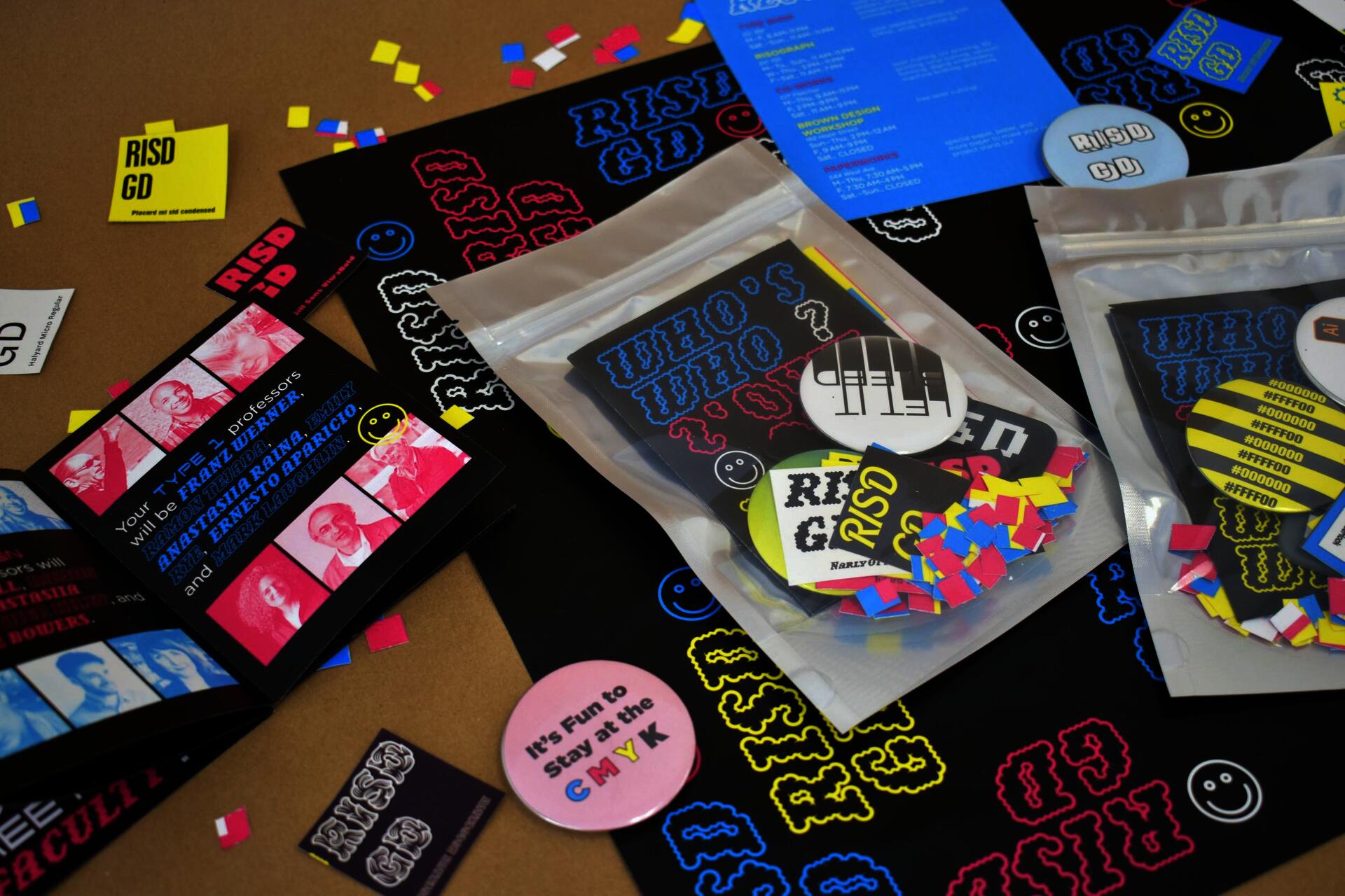 Printed 'RISD GD' buttons, paper and stickers
