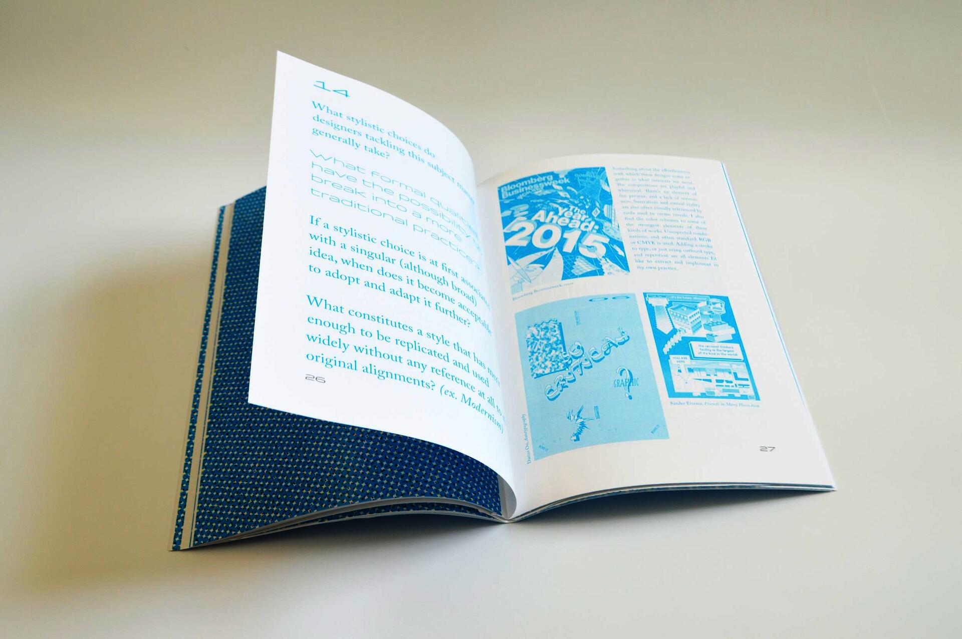 Open book spread with blue text and image on white