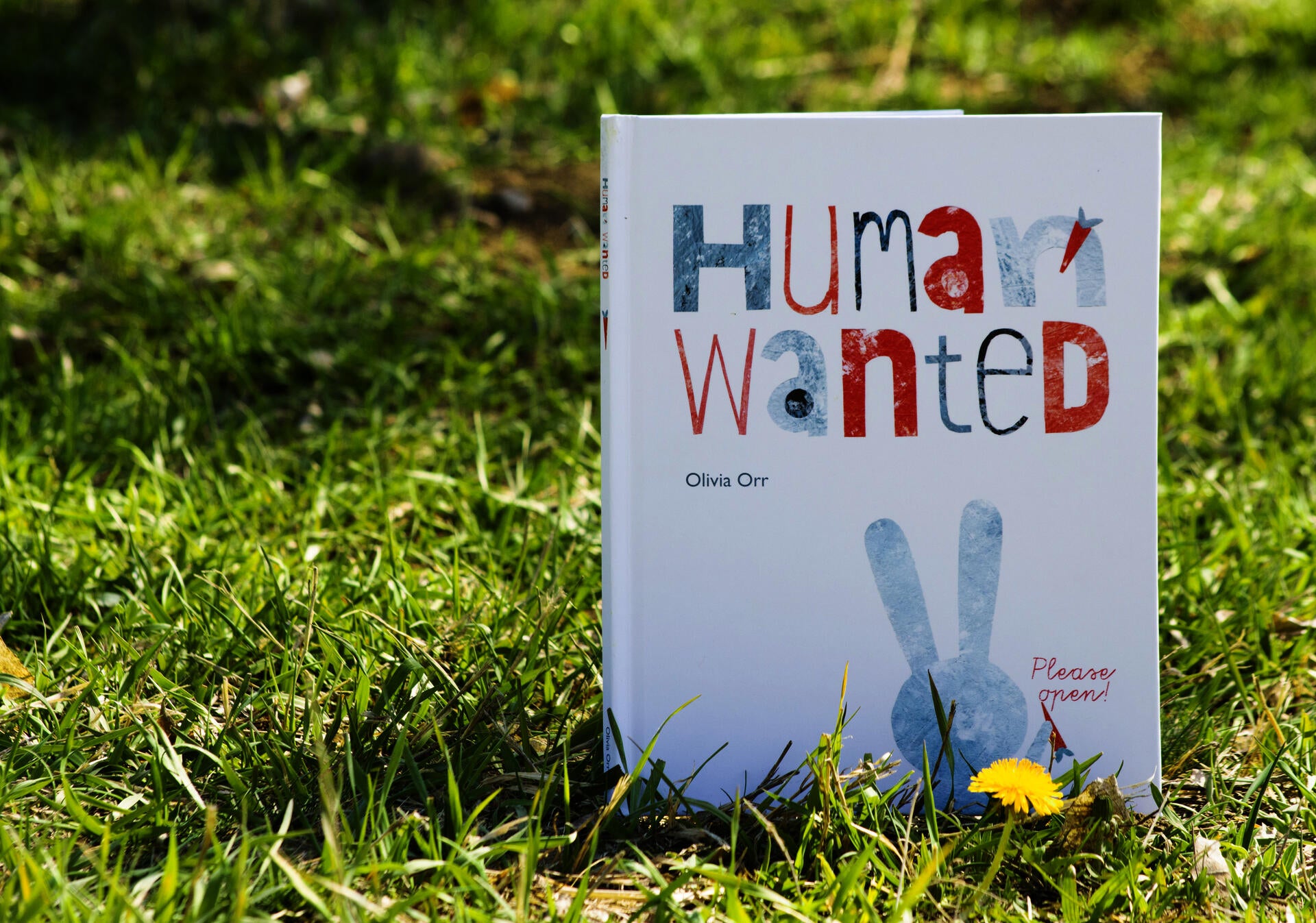 A book titled "Human Wanted" displayed on grass