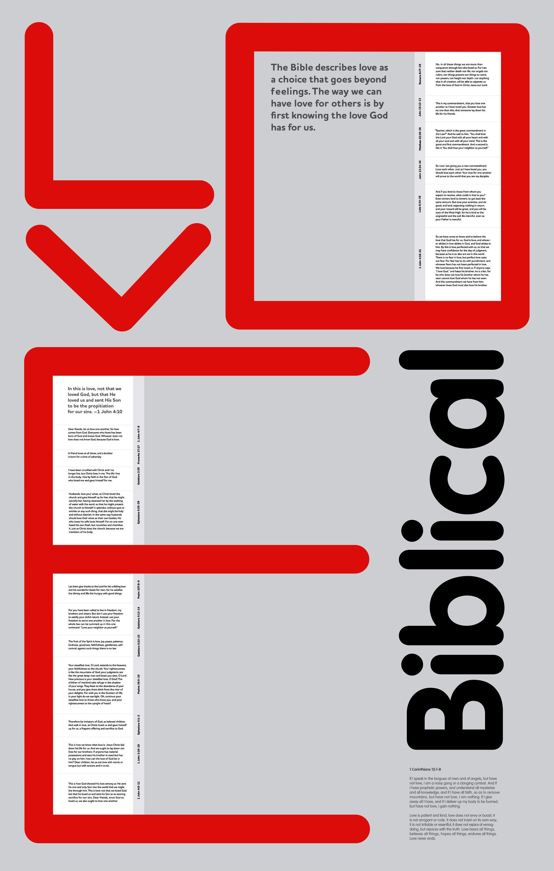 Poster design with a typographic design of the word LOVE in red on a grey background