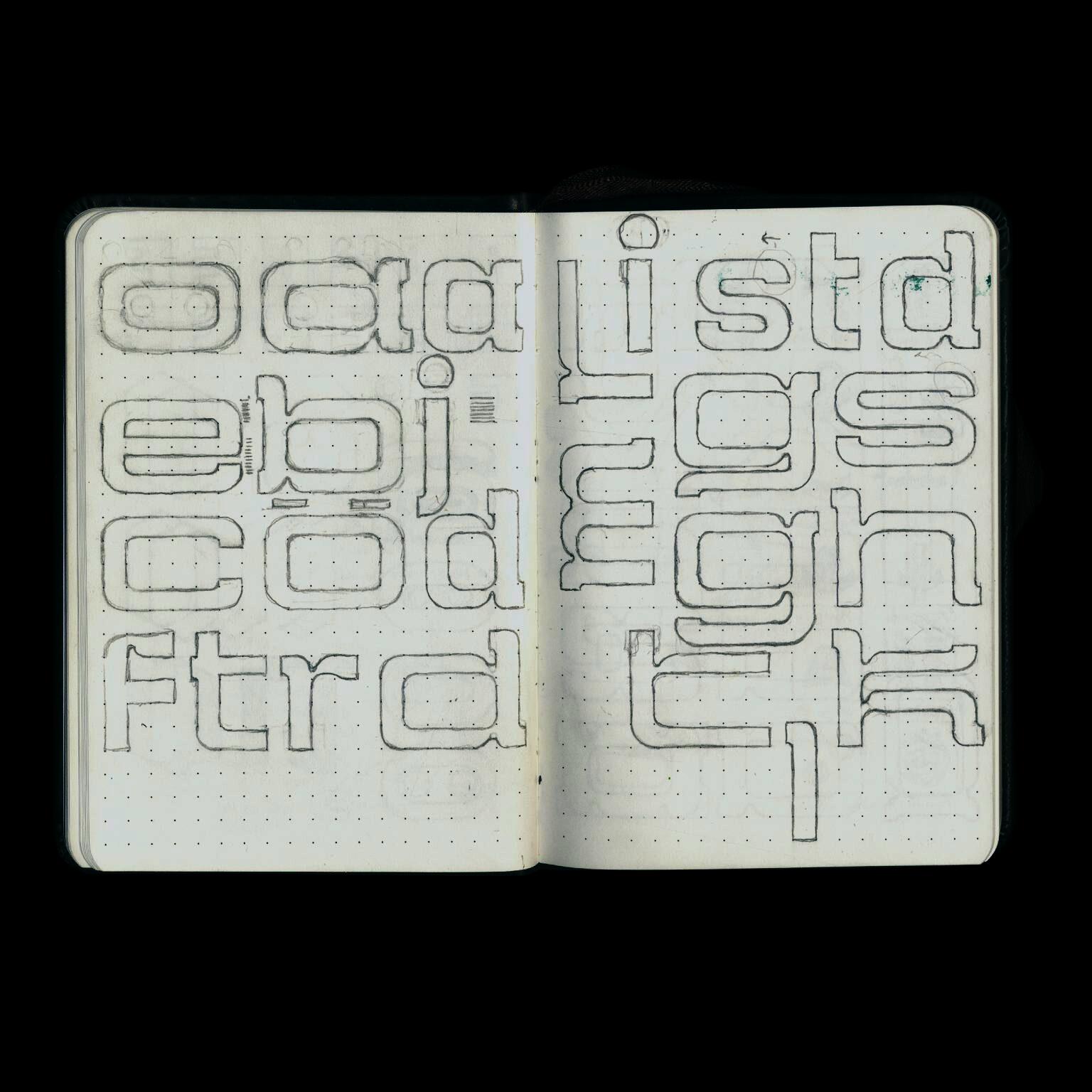 Open sketchbook with sketches of the typeface 'Junction'