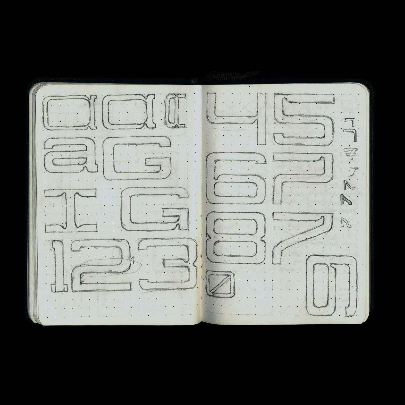 Open sketchbook with sketches of the typeface 'Junction'