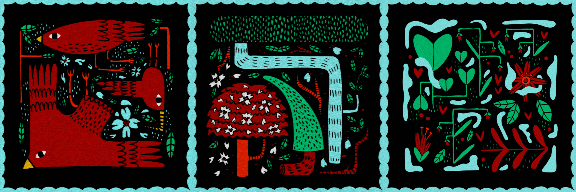 panel of three summertime sceneries: birds, trees, flora