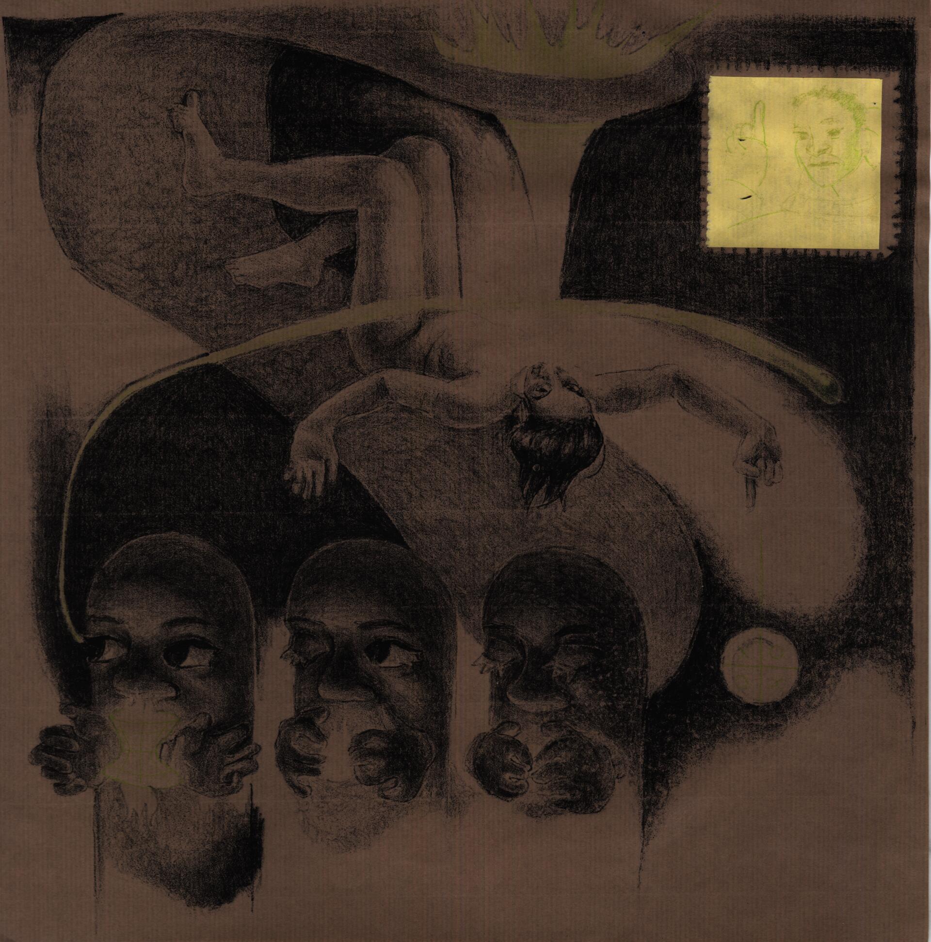 abstract faces and a body in the dark