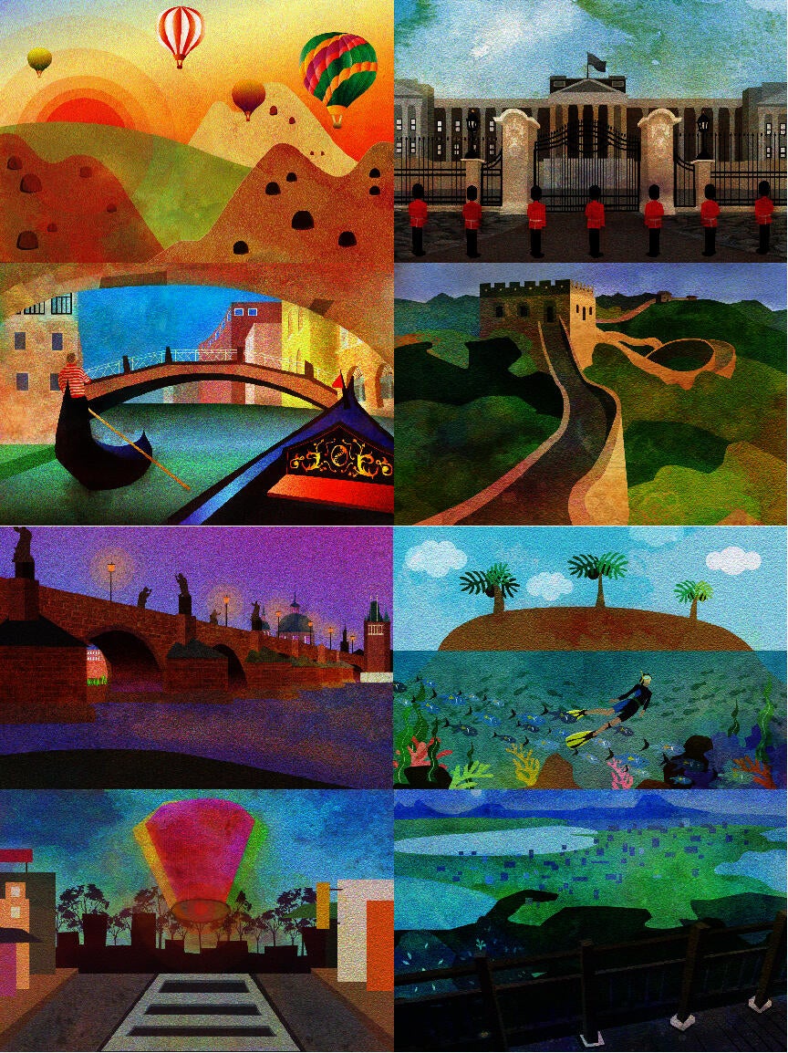panels of popular destinations around the world in summertime