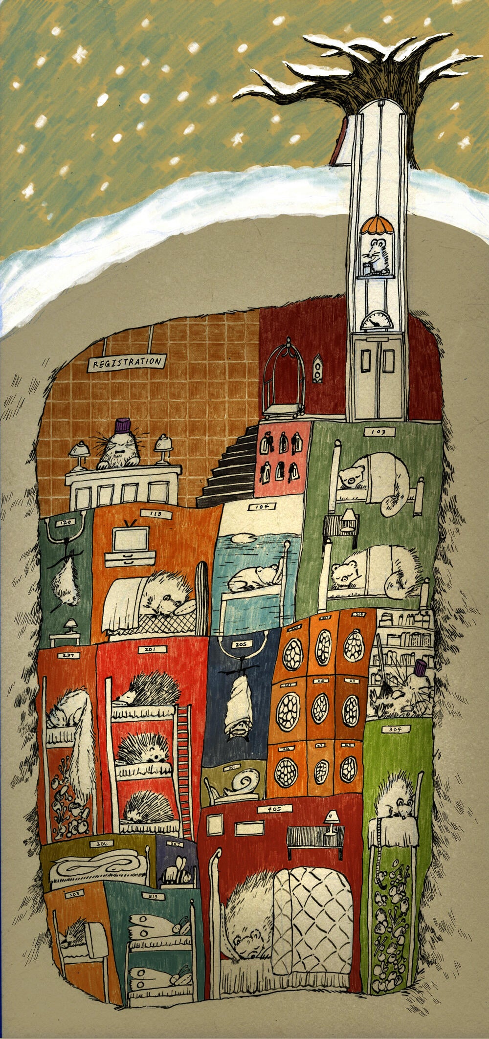 cross section of a hotel and its guests