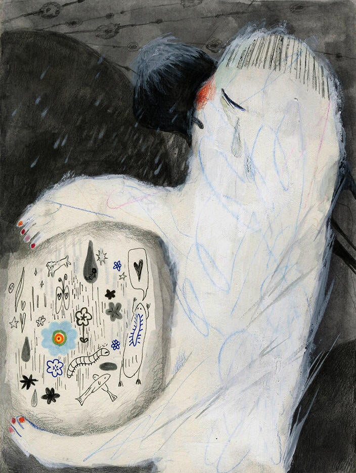 a white figure protecting their most precious belongings in an embrace